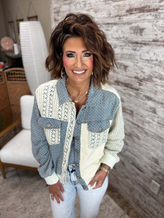 Denim Multi Vintage Washed Crochet Patch Solid Twill Jacket