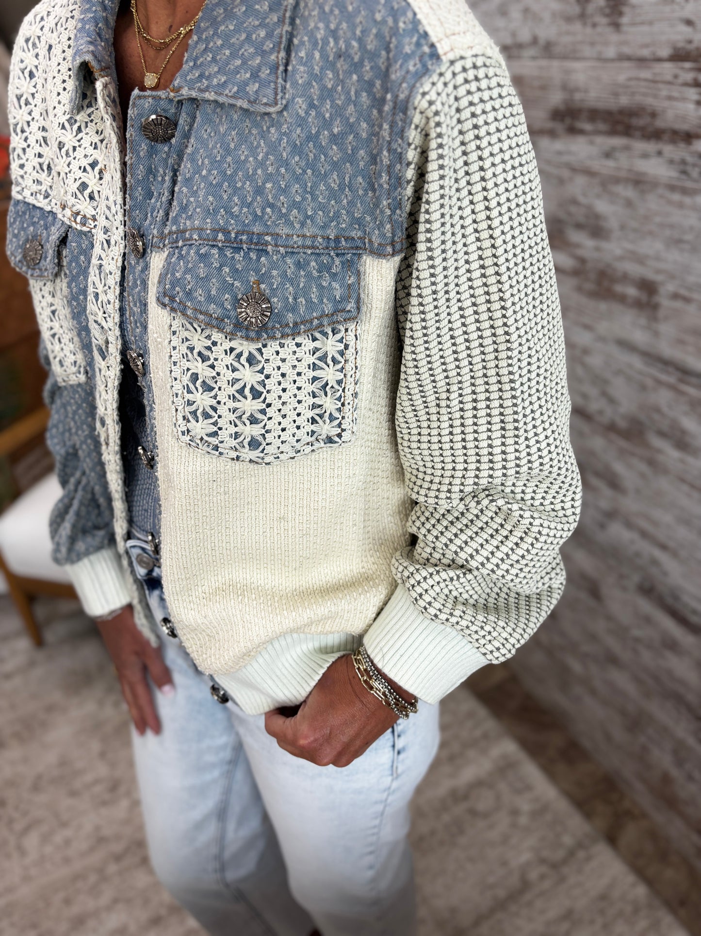 Denim Multi Vintage Washed Crochet Patch Solid Twill Jacket