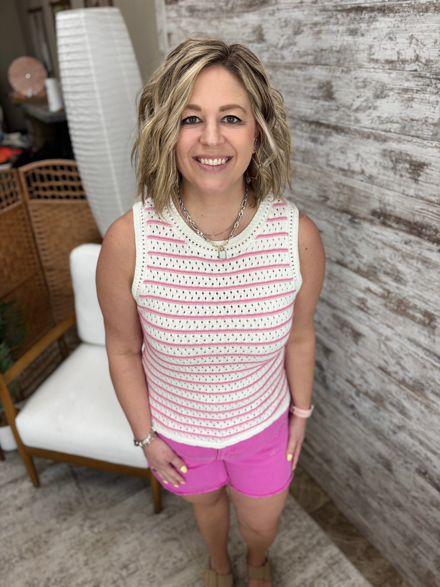 Ivory/Pink Striped Crochet Tank