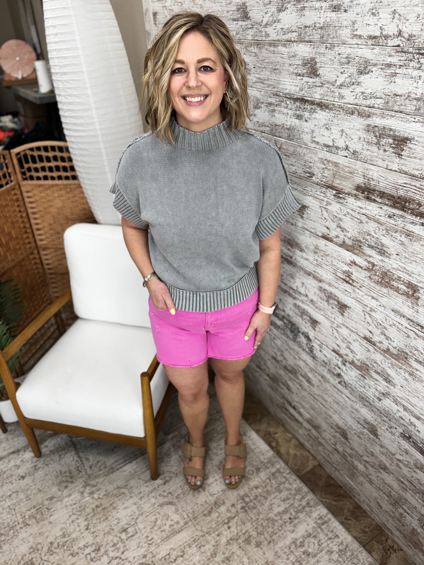 Smoke Grey Mock Neck Short Sleeve Sweater