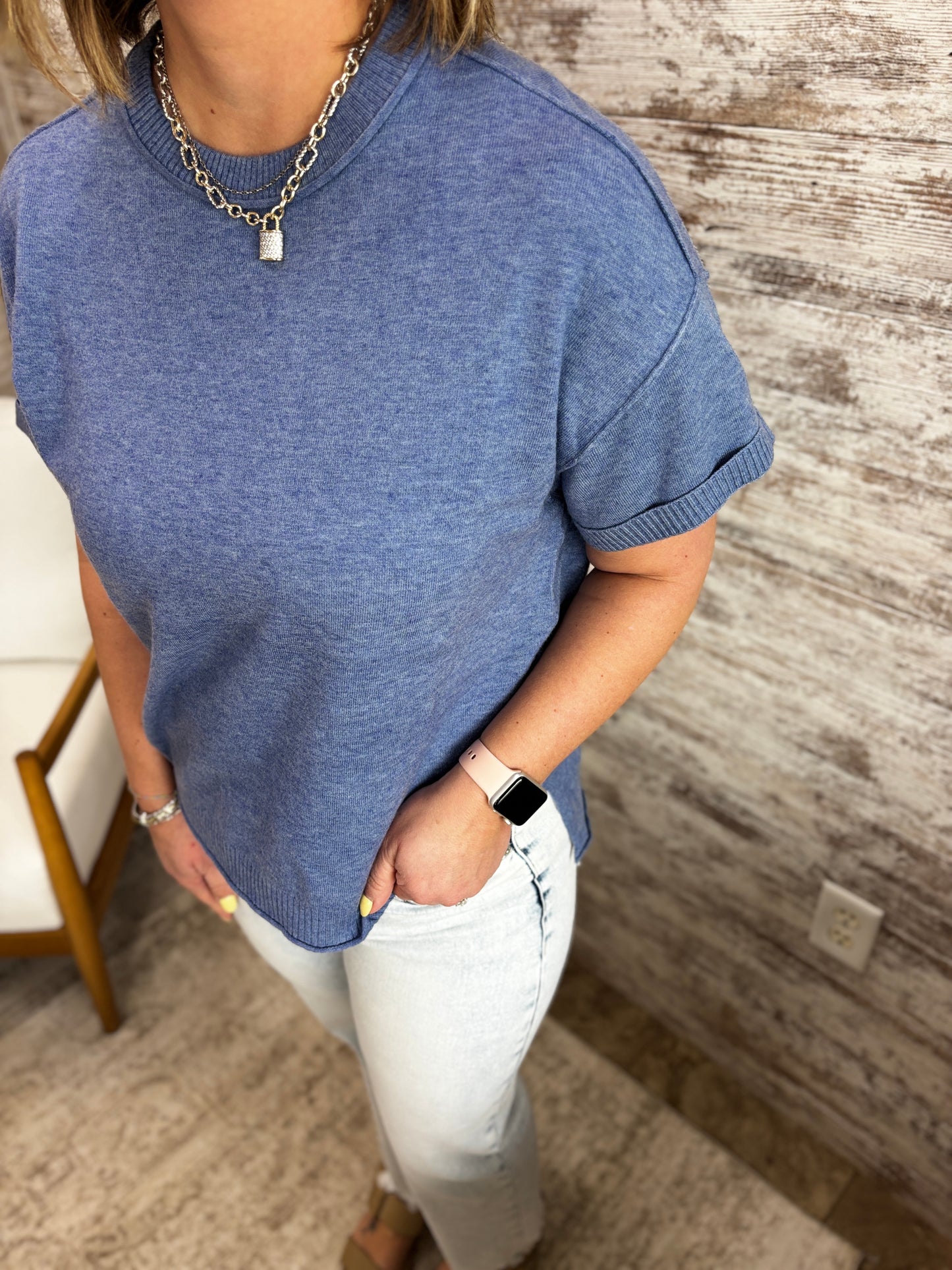 Soft Denim Crew Neck Knit Sweater