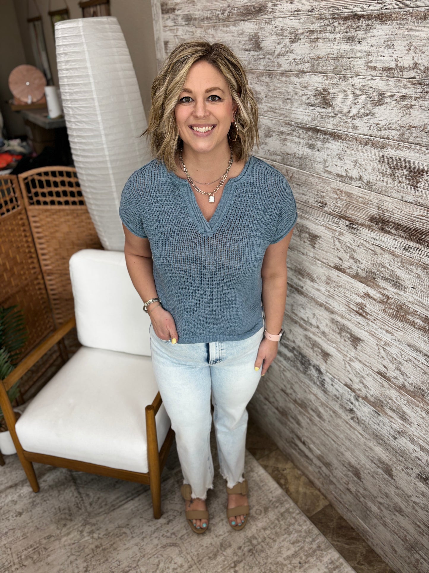 Chambray Split Neck Knit Top