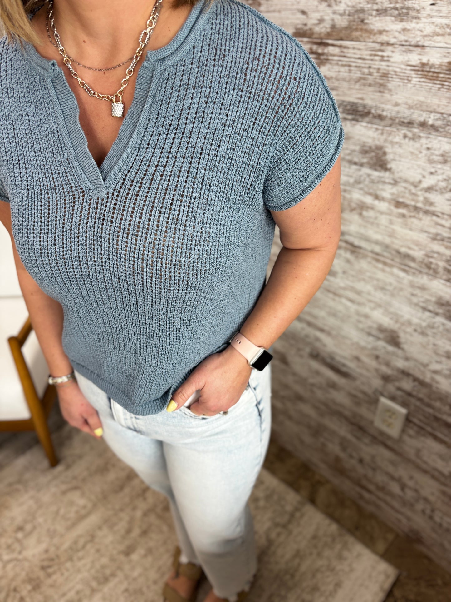 Chambray Split Neck Knit Top