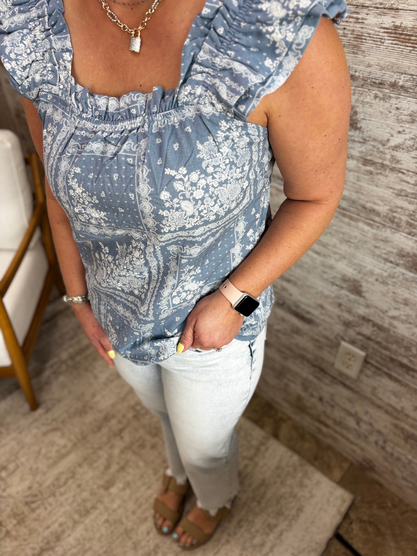 Paisley Print Ruffle Strap Top