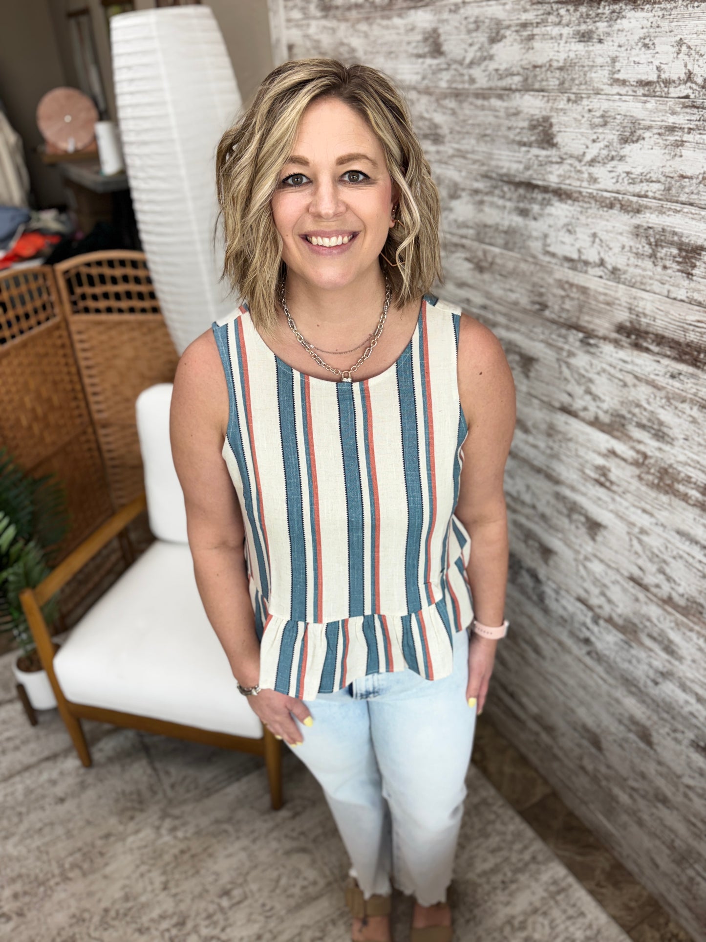 Denim/Vintage Red Stripe Peplum Tank
