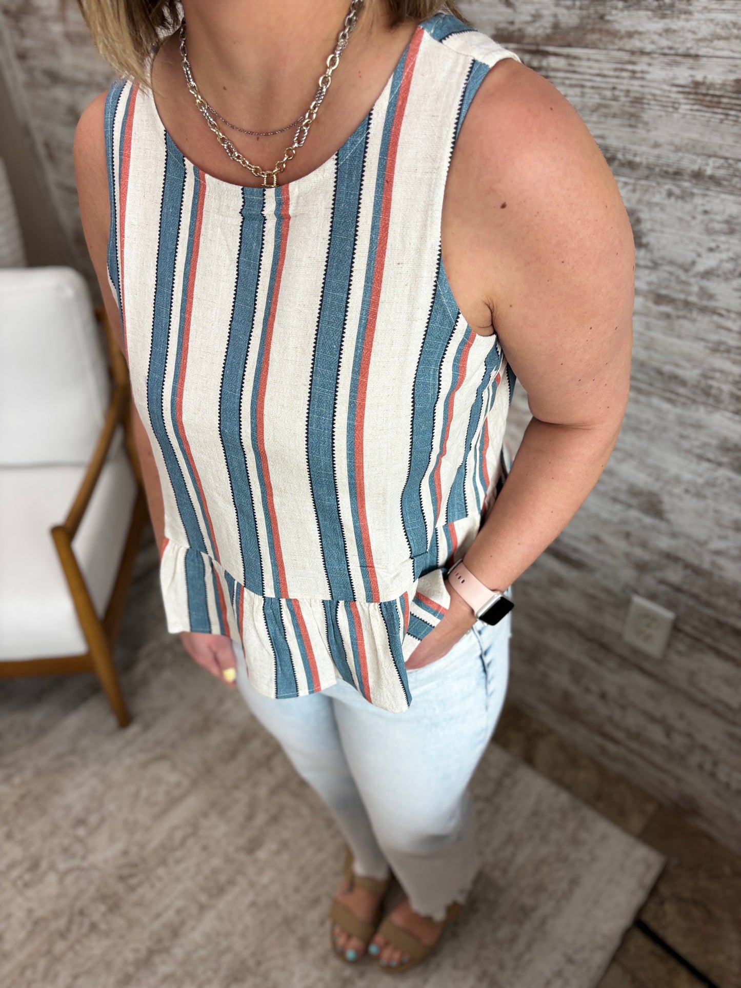 Denim/Vintage Red Stripe Peplum Tank