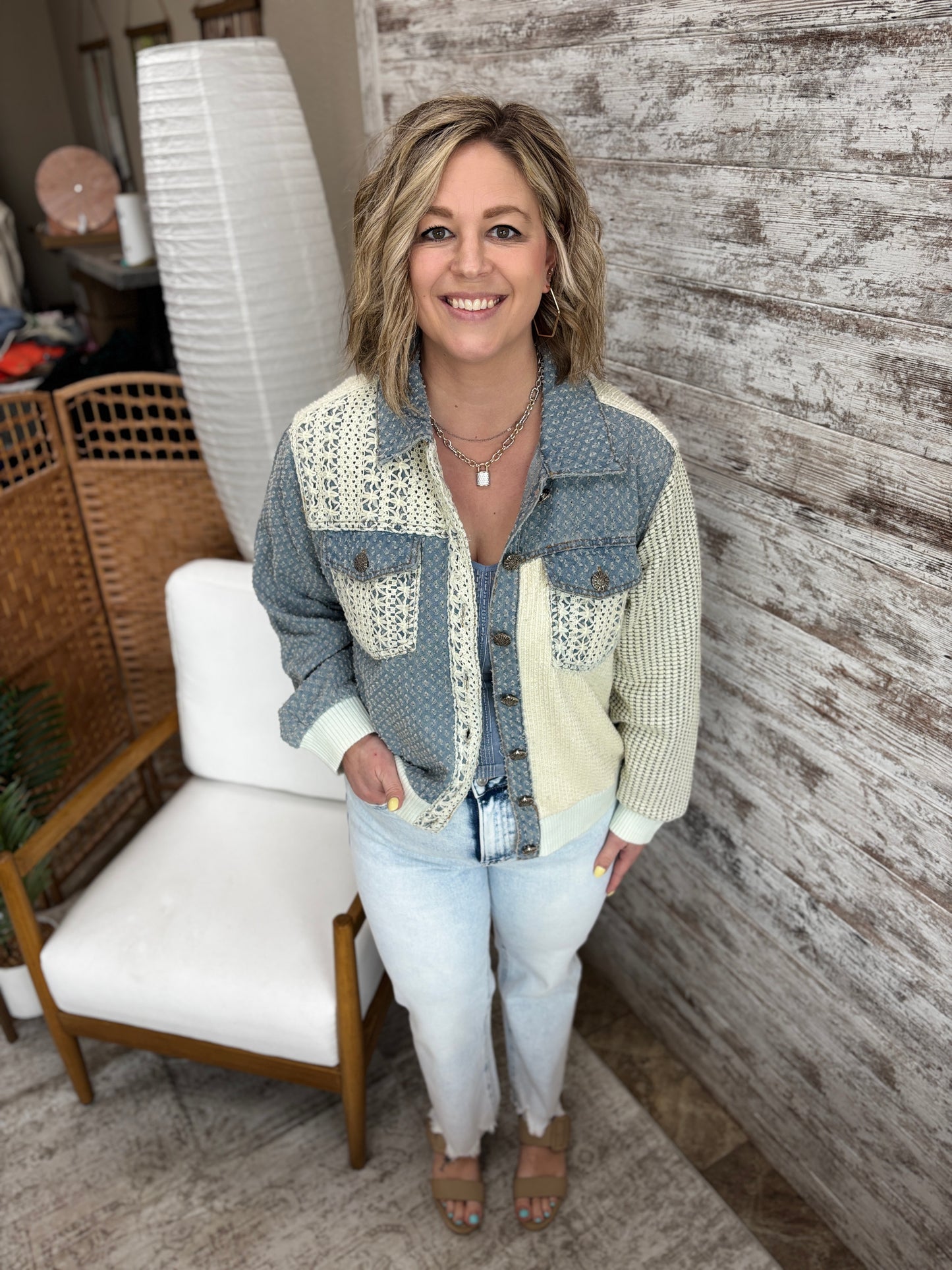 Denim Multi Vintage Washed Crochet Patch Solid Twill Jacket