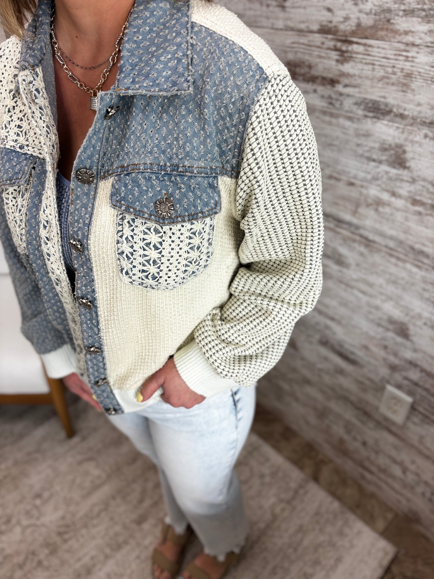 Denim Multi Vintage Washed Crochet Patch Solid Twill Jacket