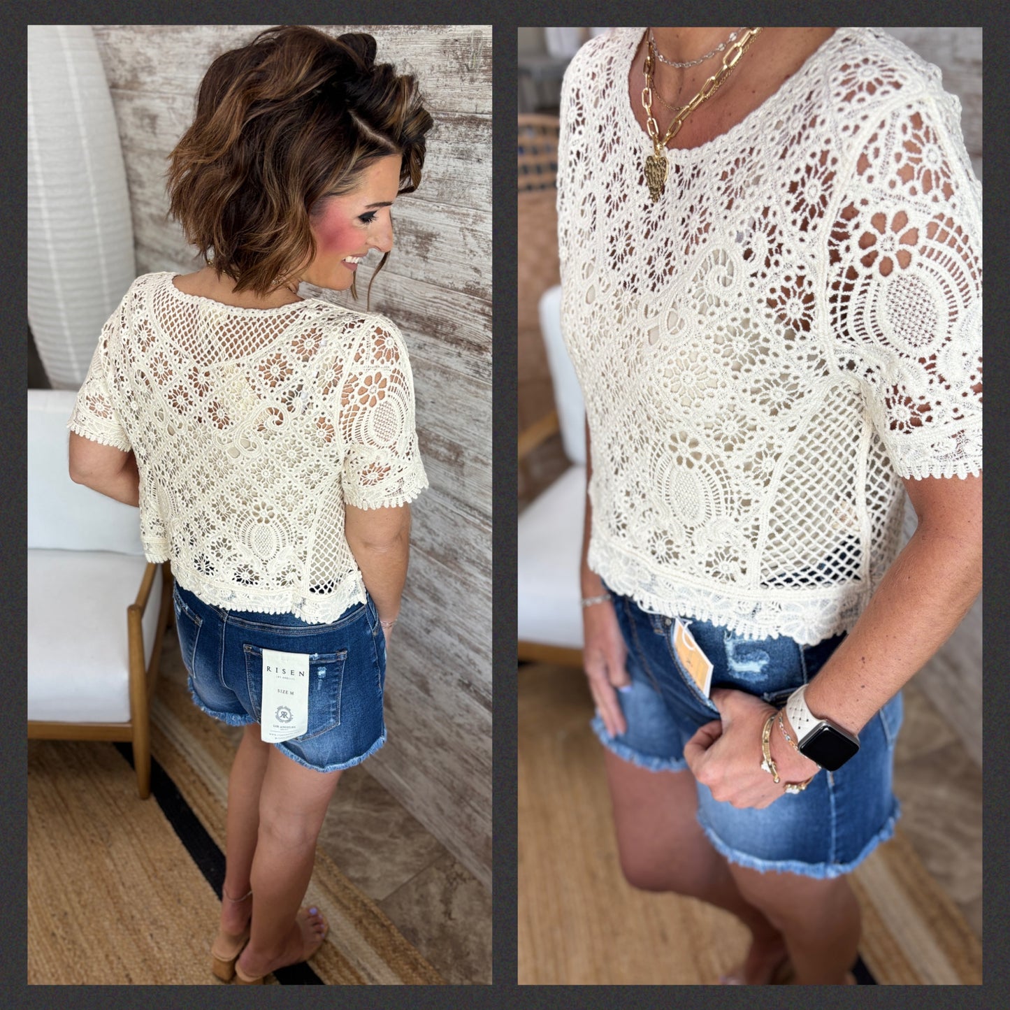 Khaki Short Sleeve Crochet Top