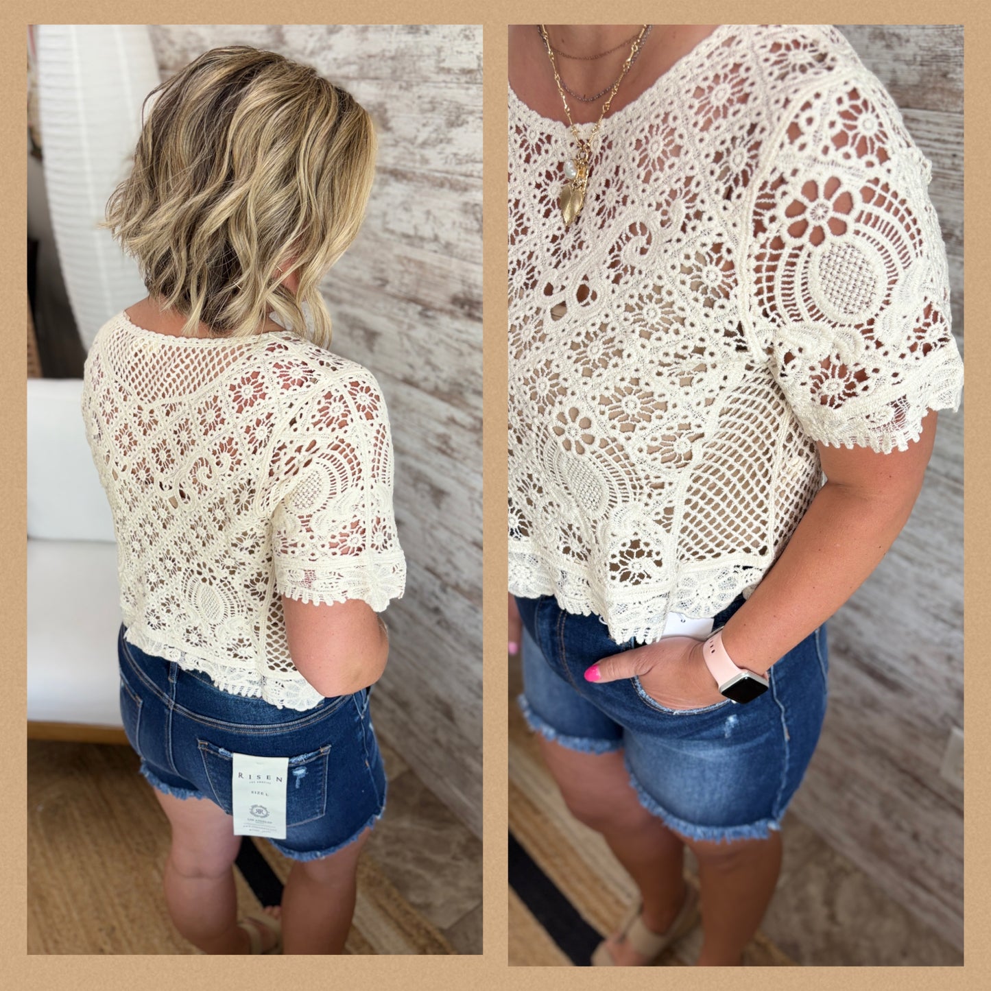 Khaki Short Sleeve Crochet Top
