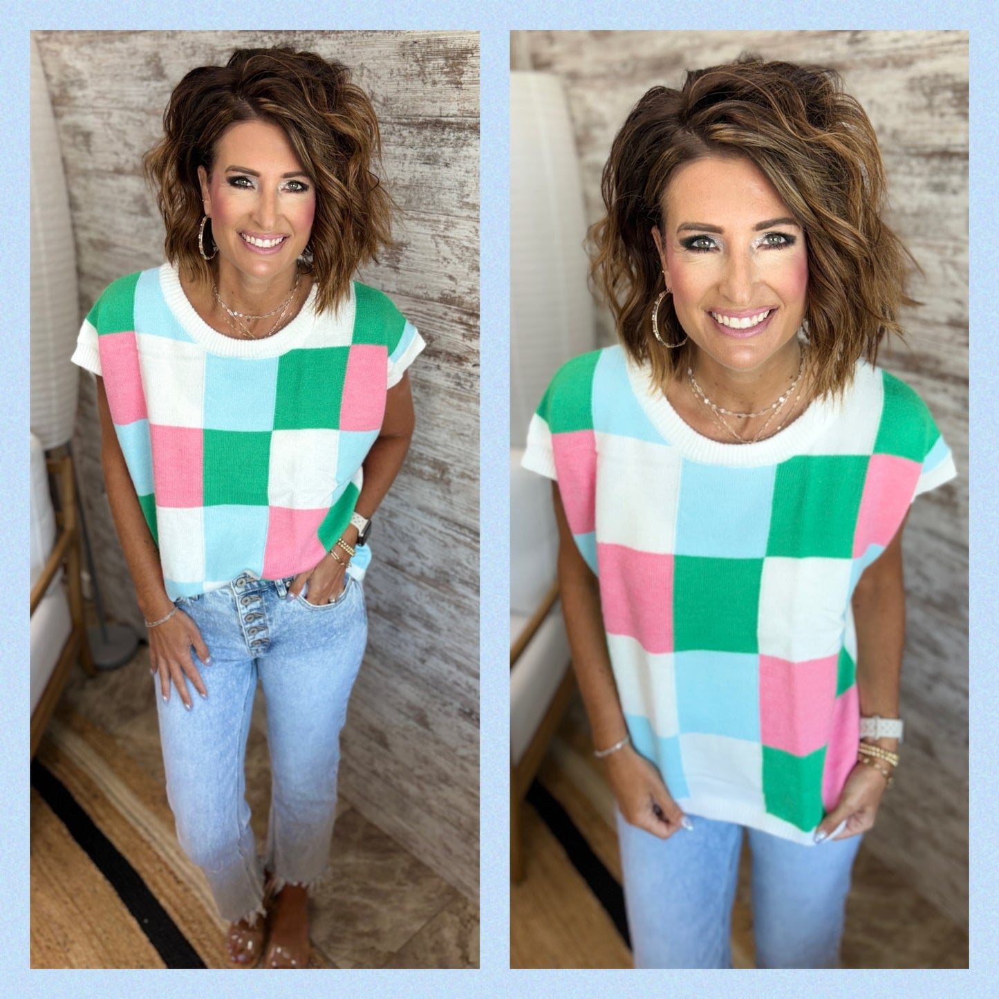 Jade/Pink/Denim Multi check Sweater