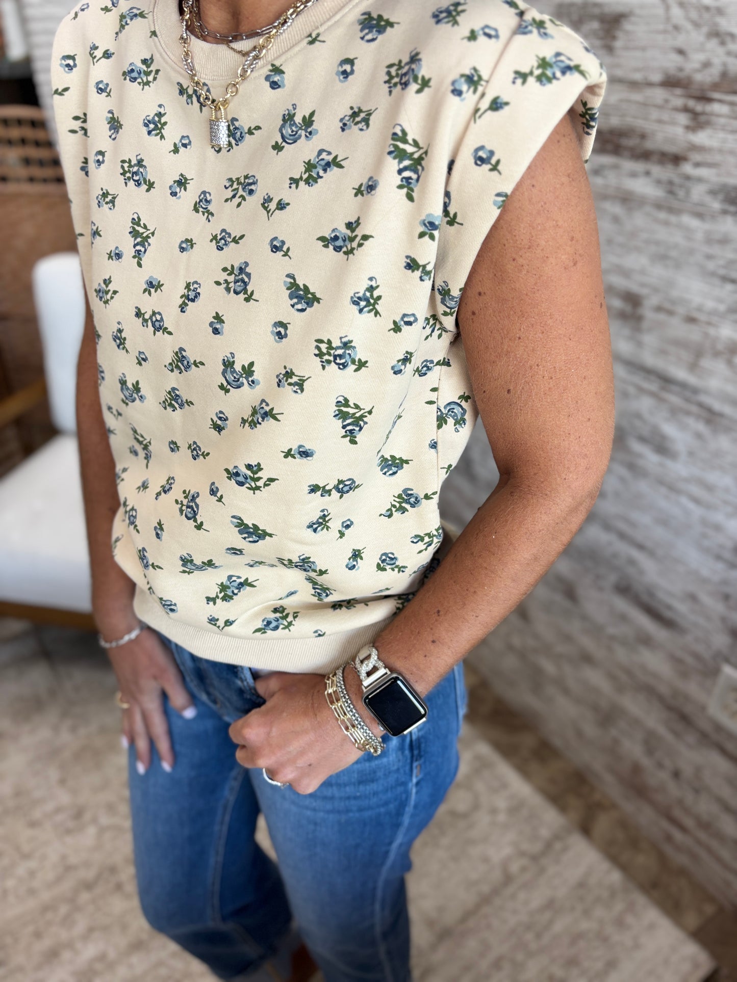Beige Floral Terry Short Sleeve Crew