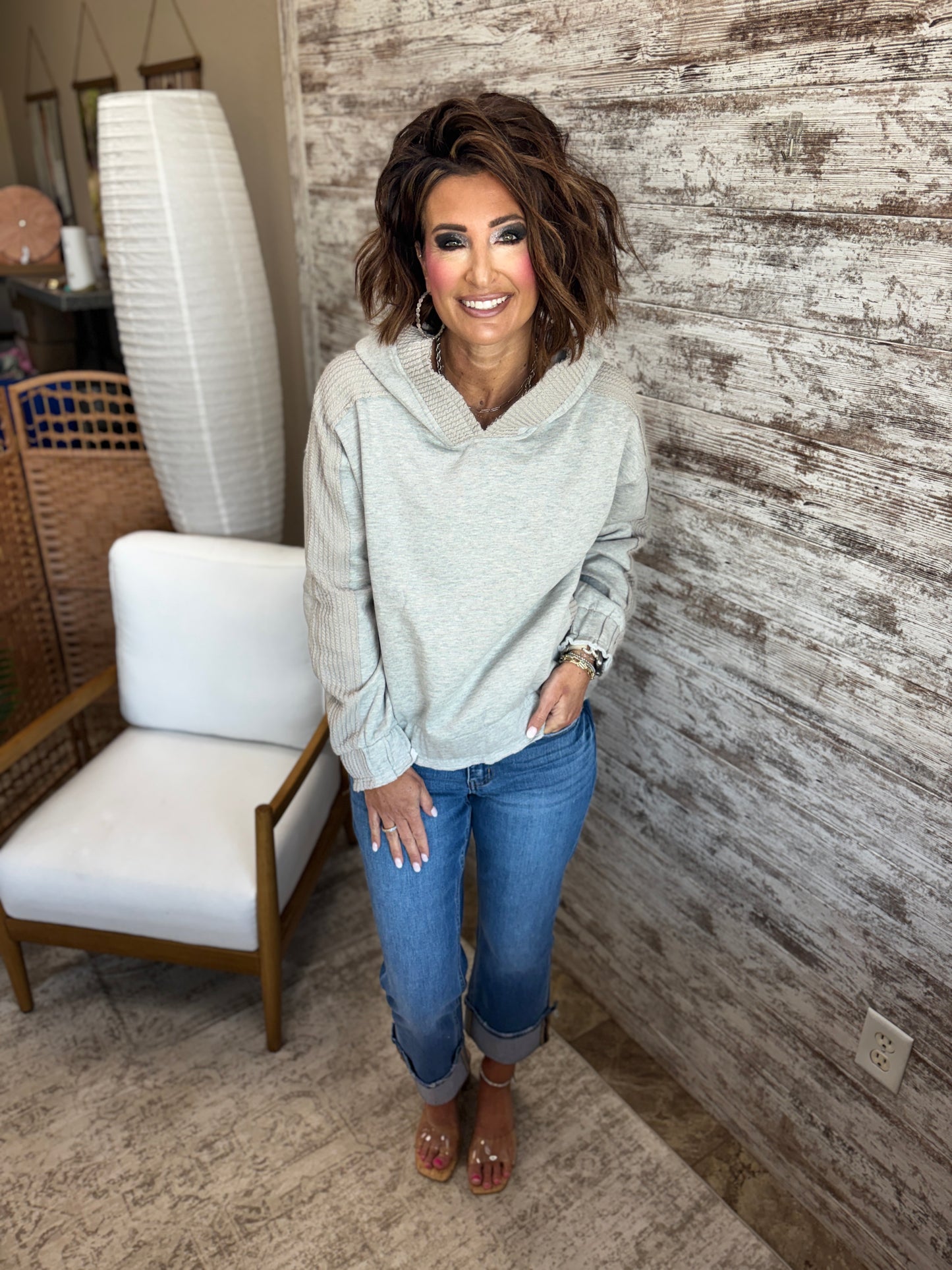 Heather Grey Textured Hoodie with Elastic Band Hem