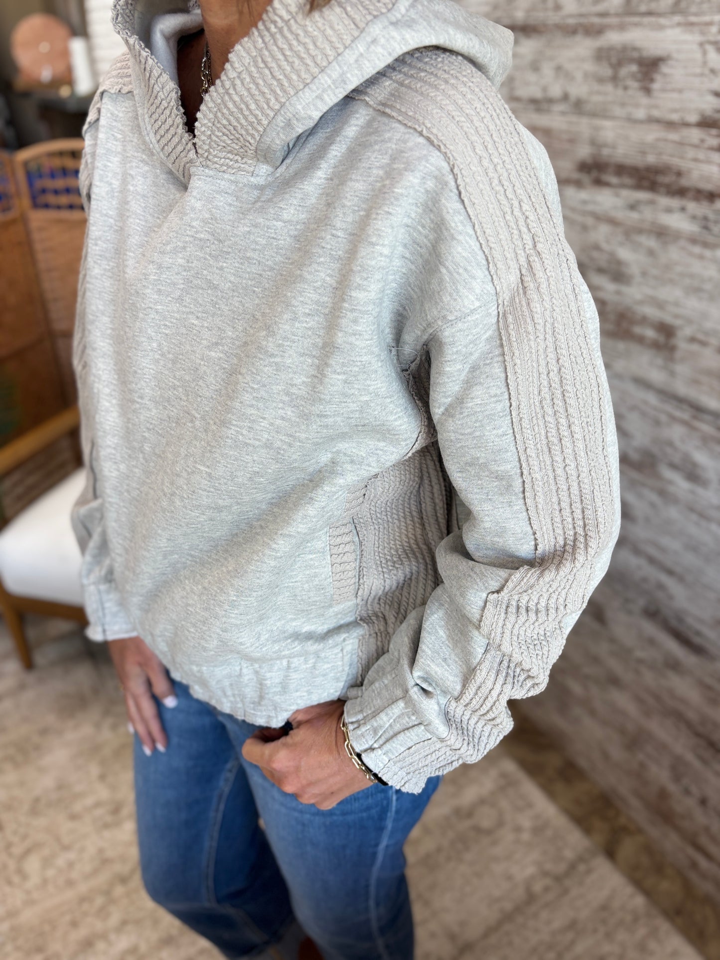 Heather Grey Textured Hoodie with Elastic Band Hem