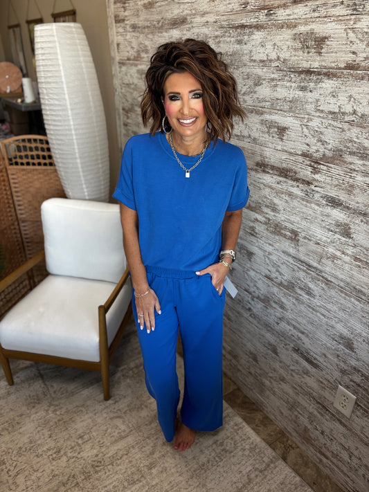 Deep Indigo Ribbed Wide Leg Pant