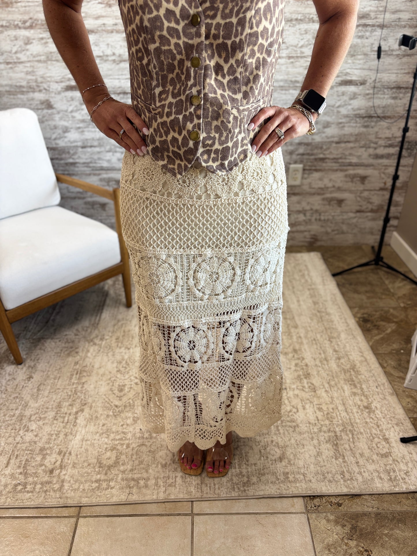 Natural Crochet Knit Maxi Skirt with Lining