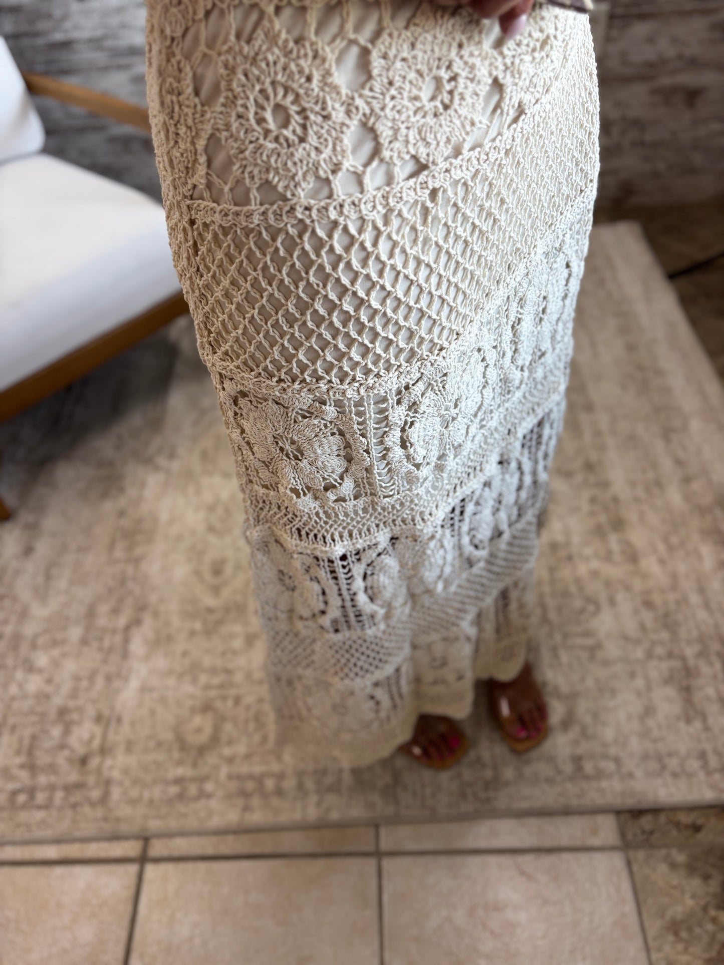 Natural Crochet Knit Maxi Skirt with Lining