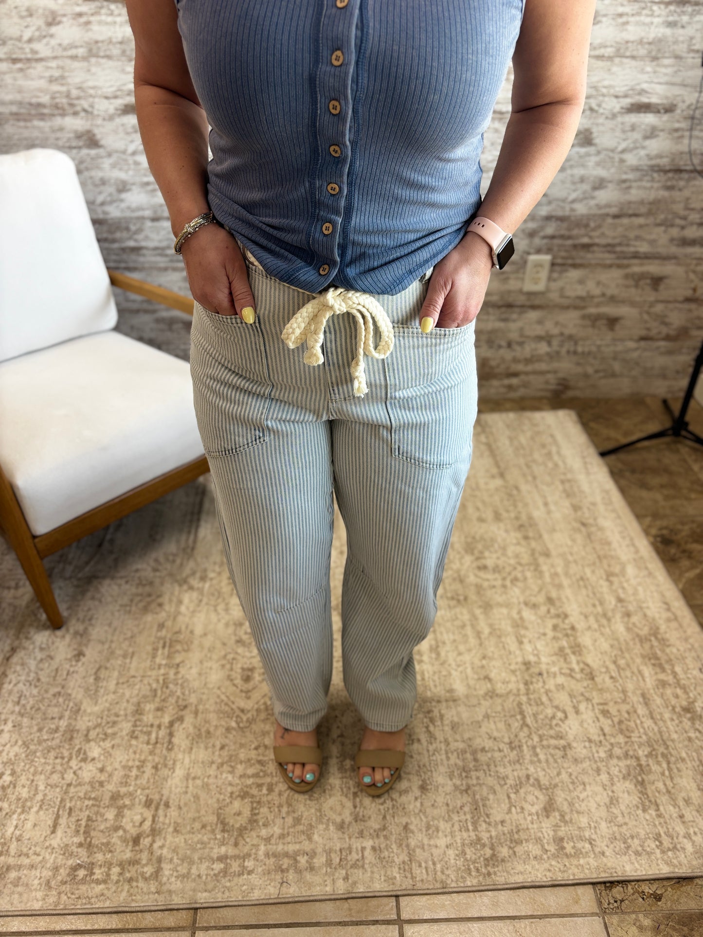 Light Blue Eyelet Rope Stripe Denim Pants