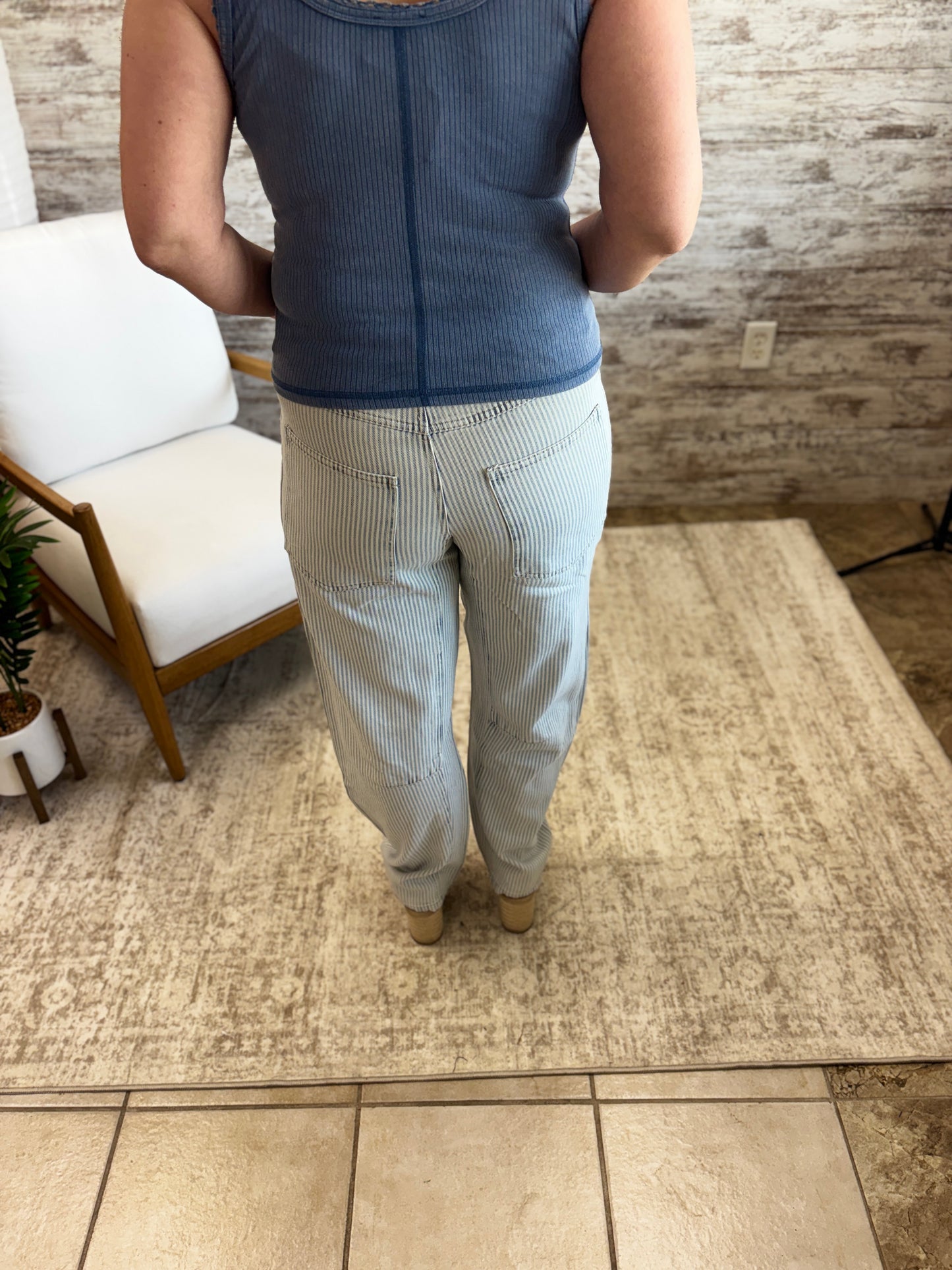 Light Blue Eyelet Rope Stripe Denim Pants