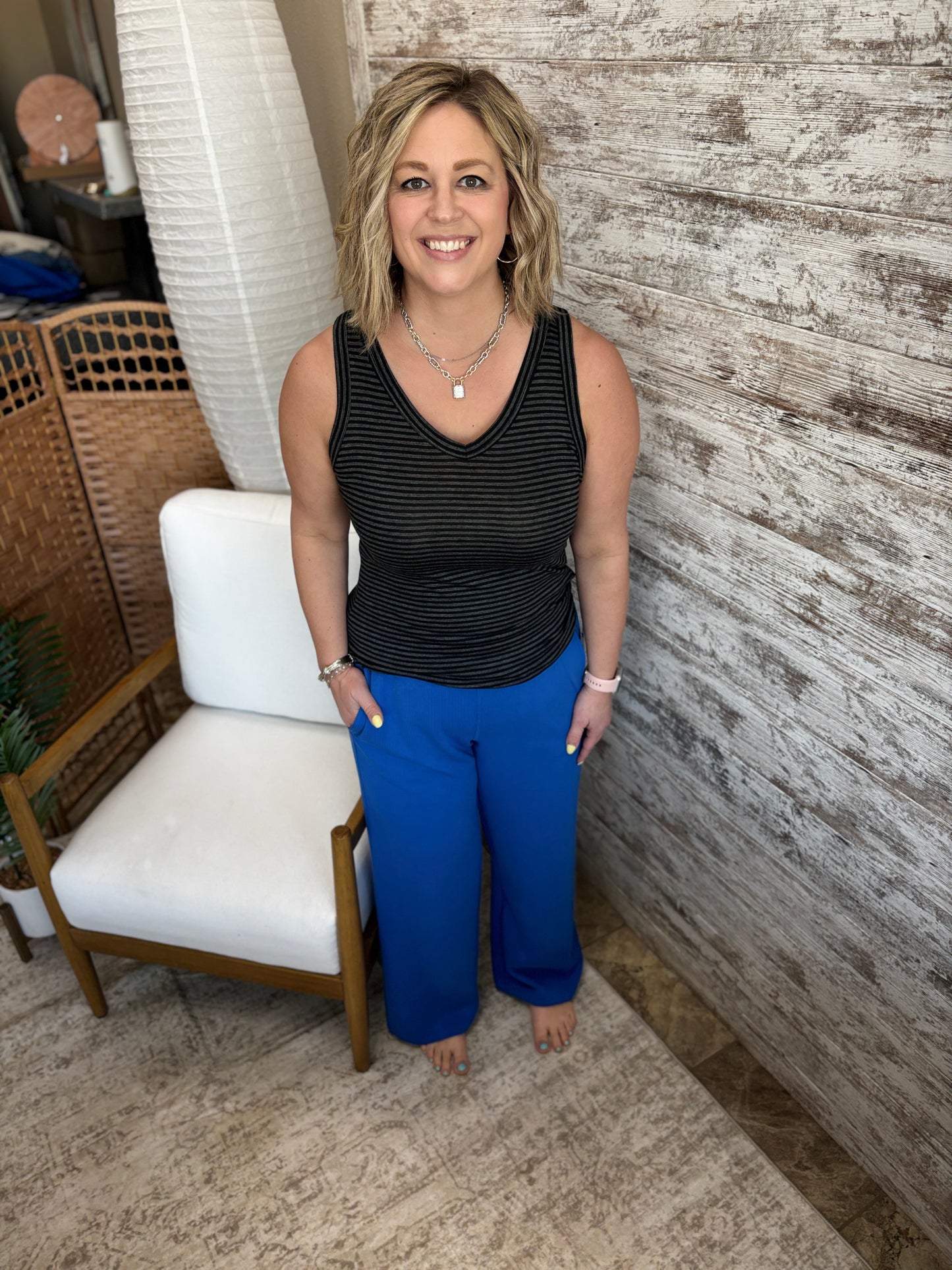 Charcoal Striped V Neck Tank