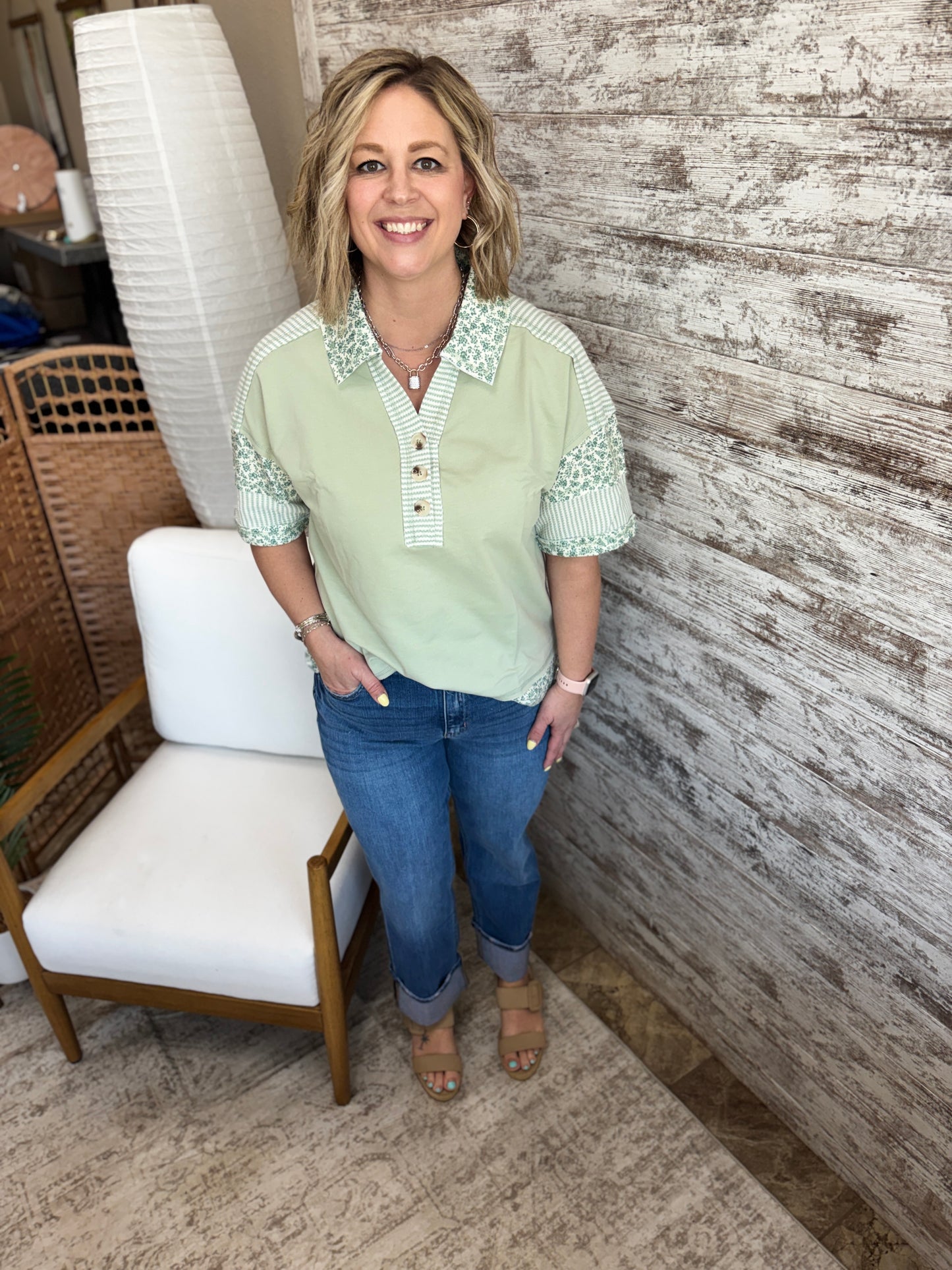Sage Oversized Floral Half Button Down