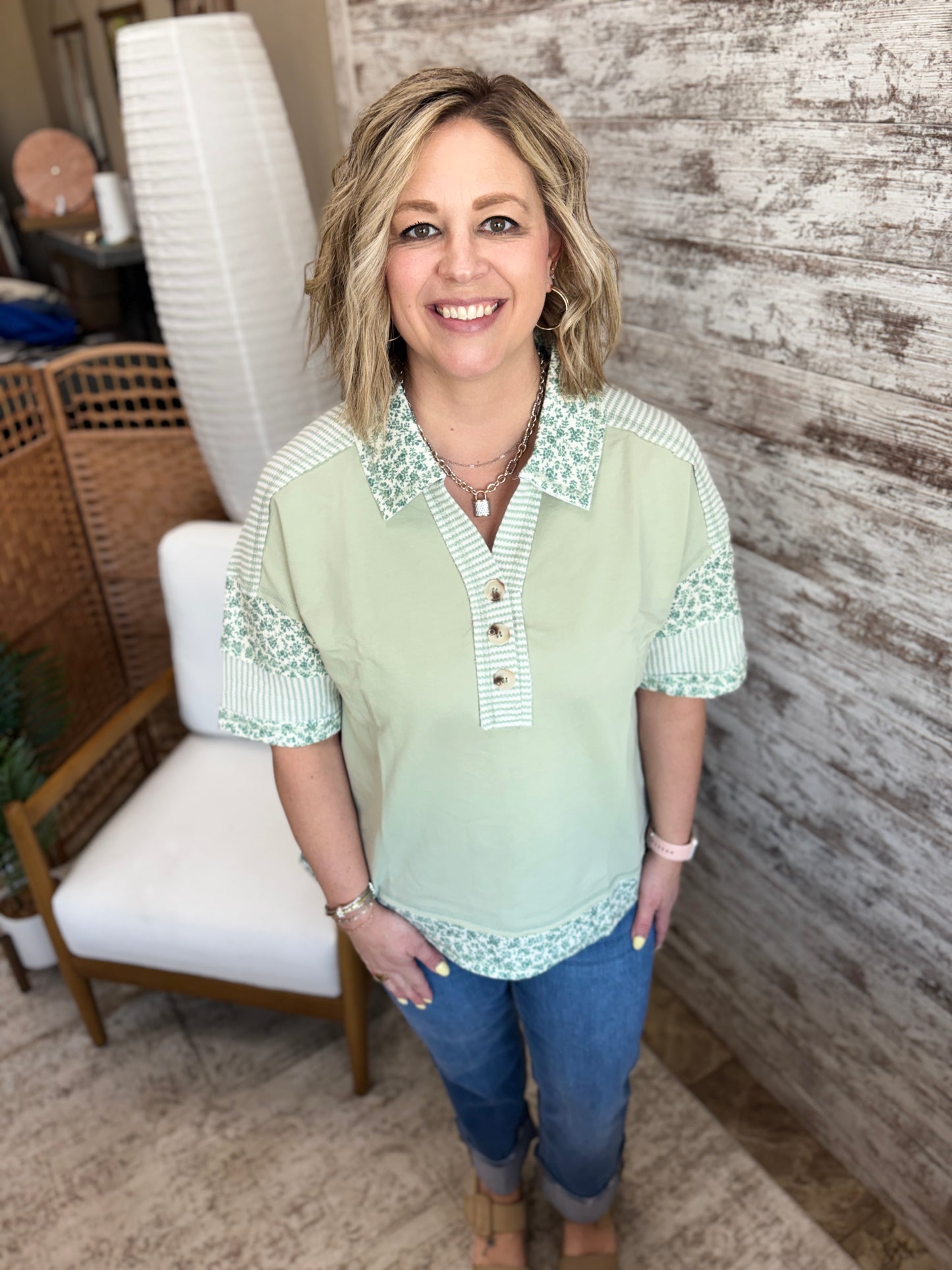 Sage Oversized Floral Half Button Down