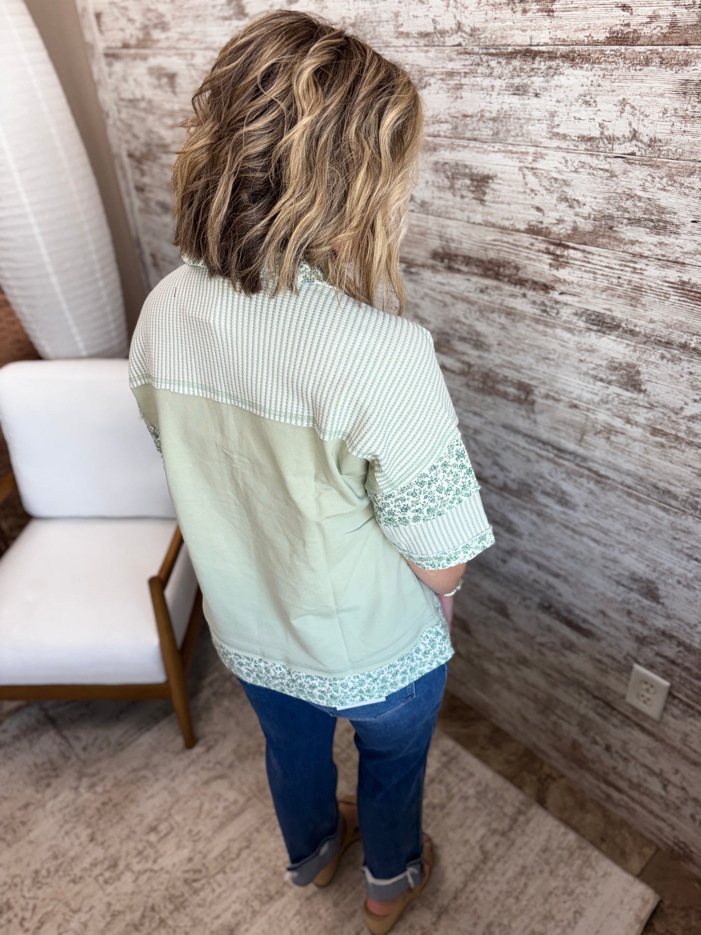 Sage Oversized Floral Half Button Down
