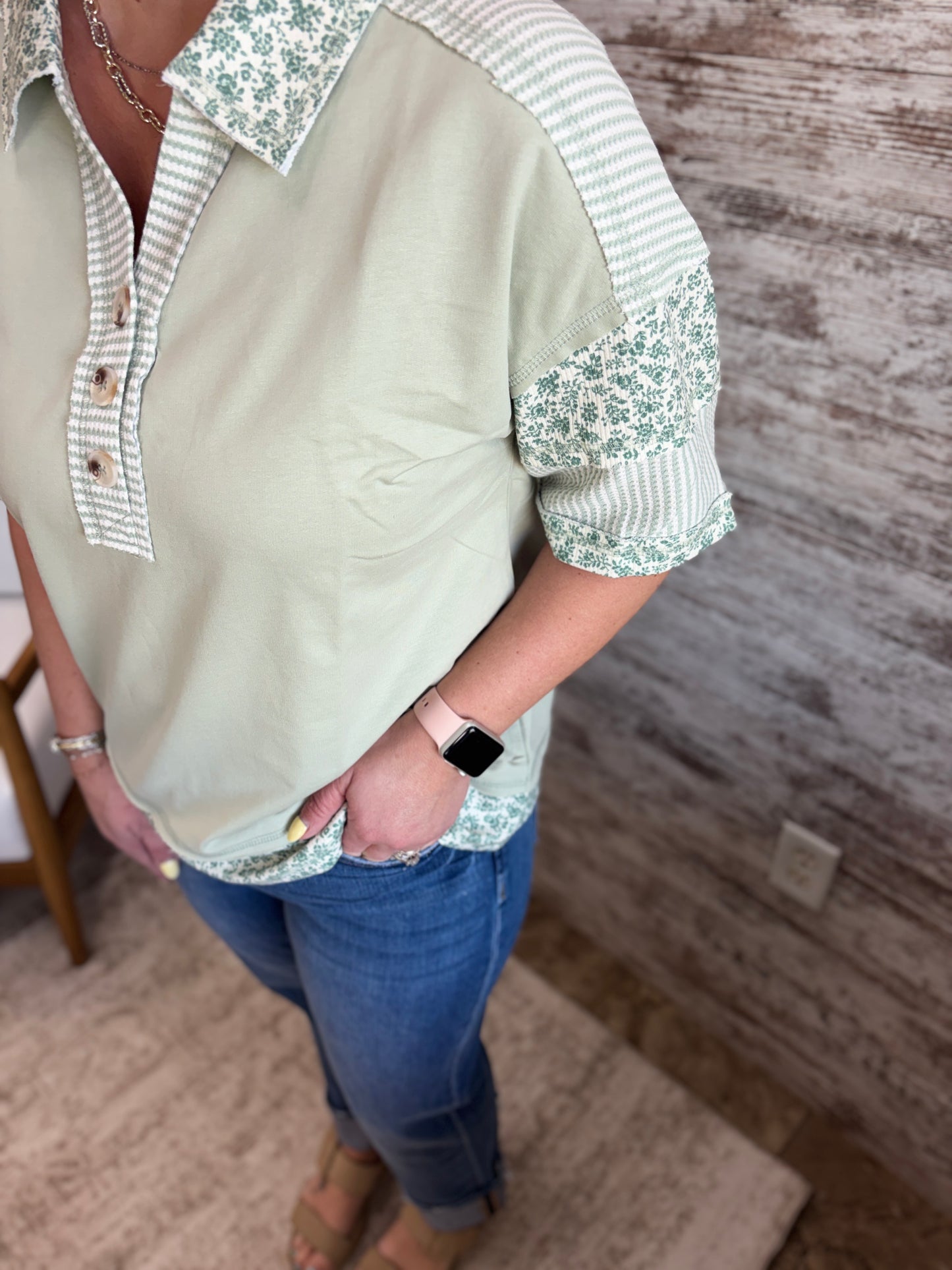 Sage Oversized Floral Half Button Down