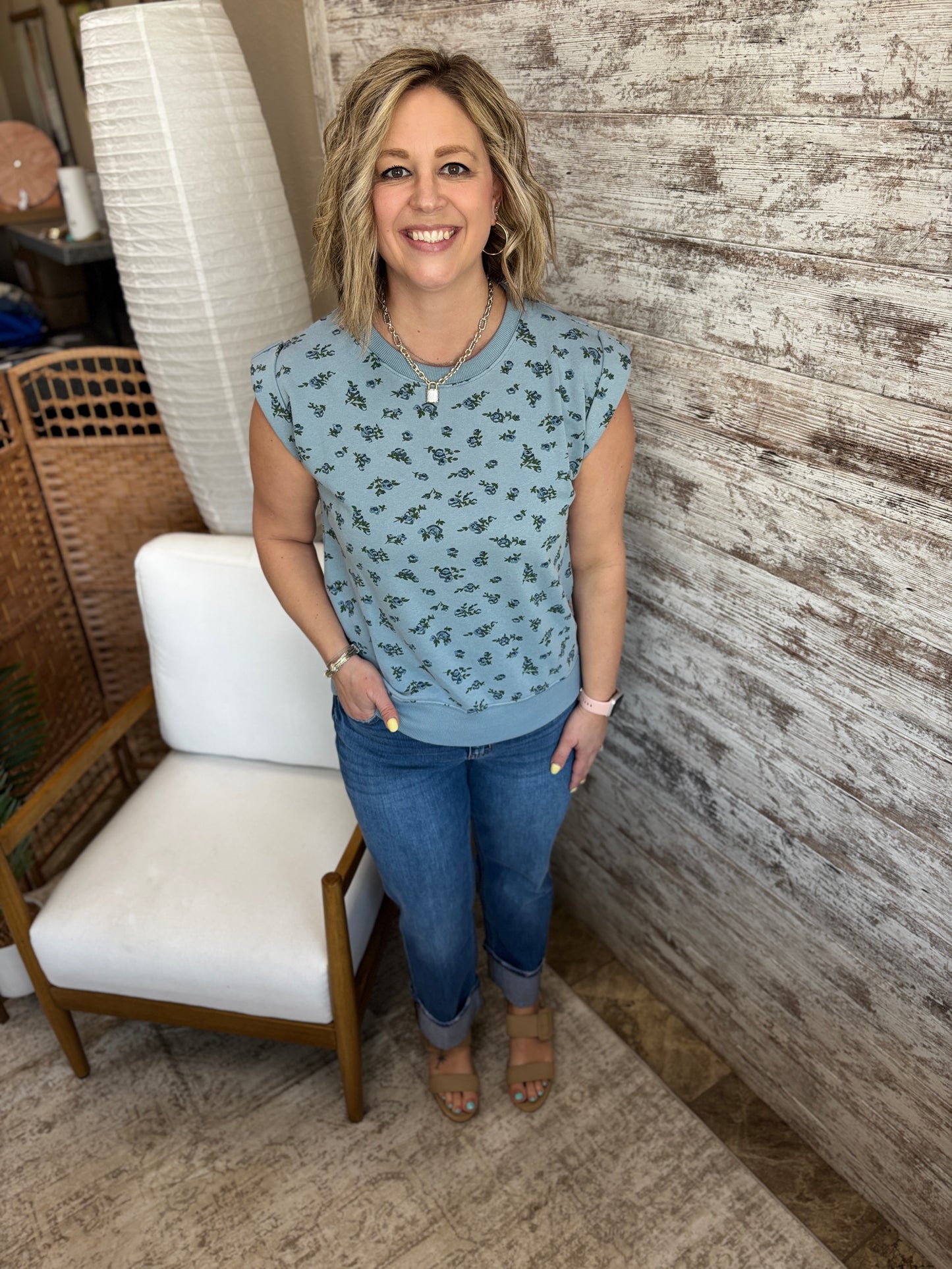 Blue Floral Terry Short Sleeve Crew
