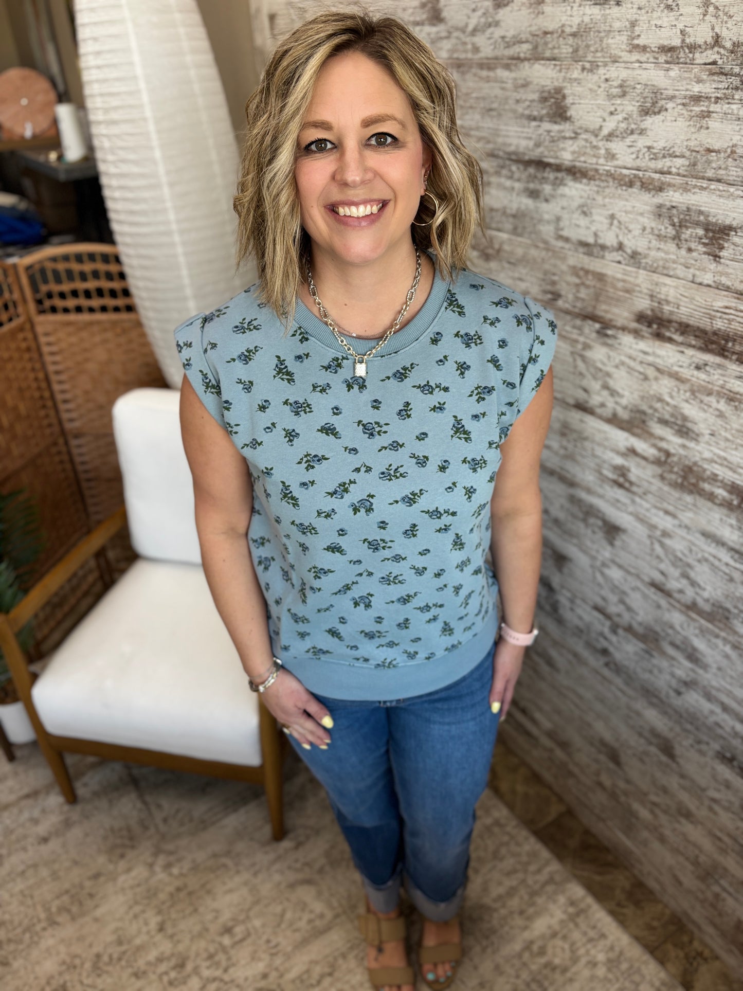 Blue Floral Terry Short Sleeve Crew