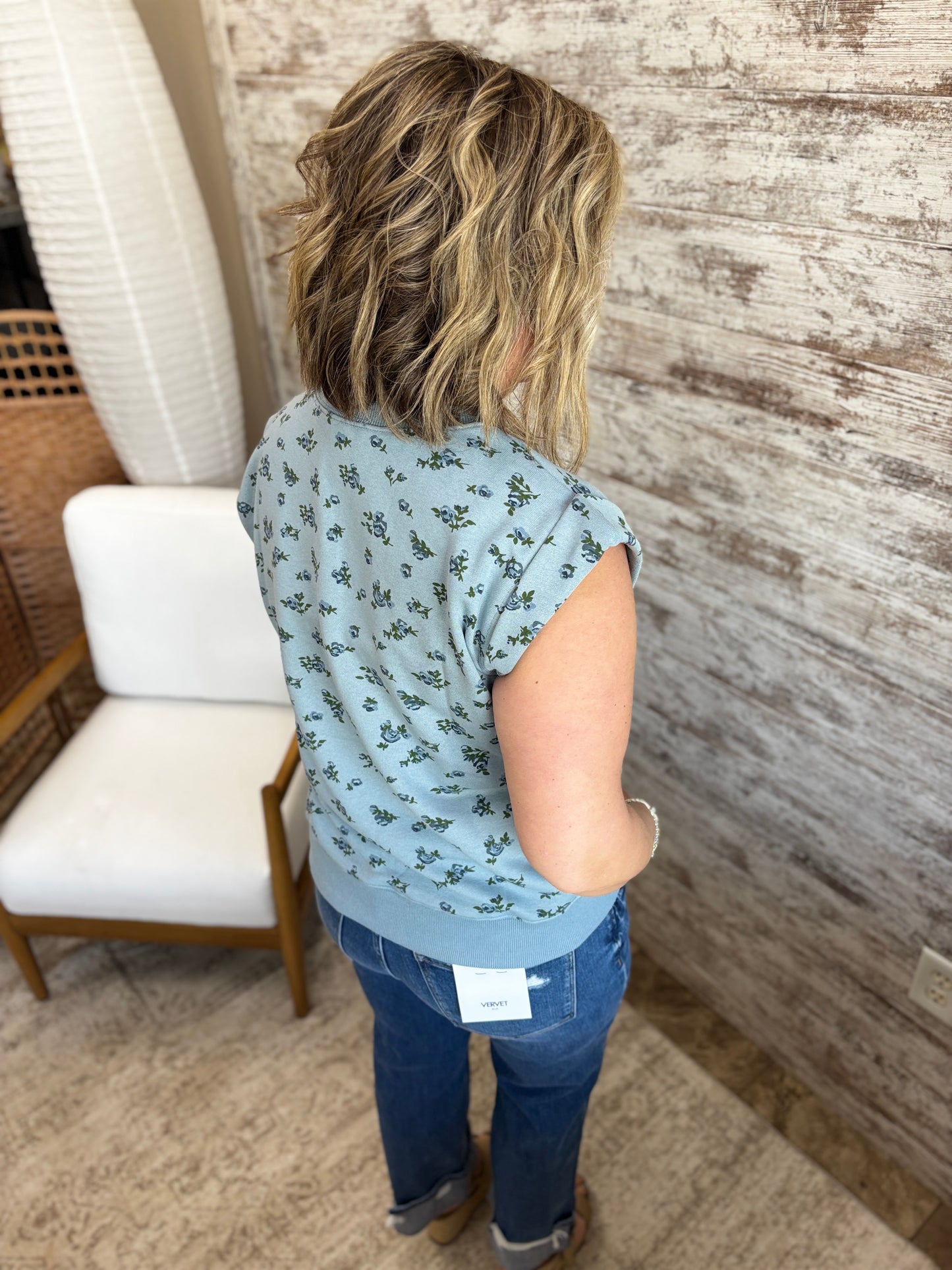 Blue Floral Terry Short Sleeve Crew