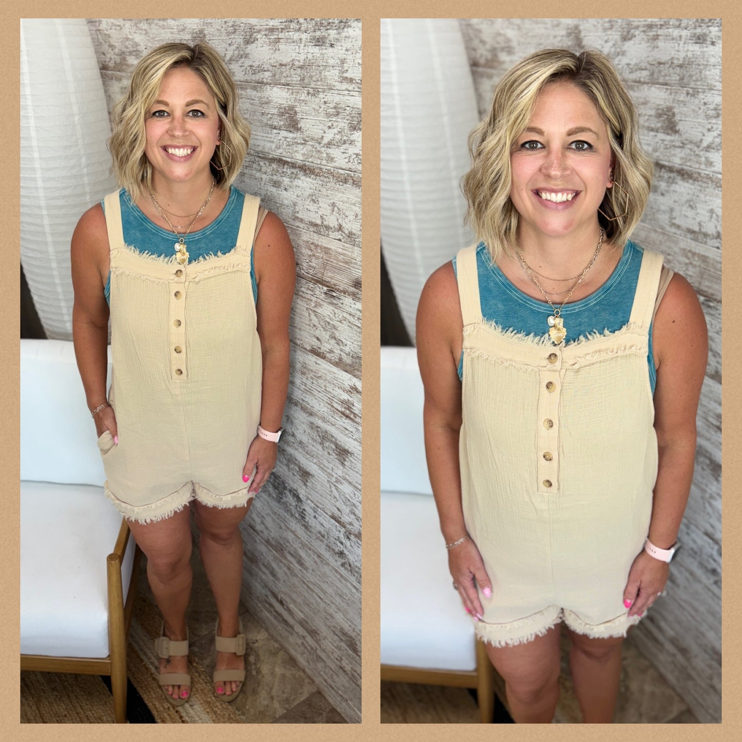 Sand Cotton Gauze Front Button Closure Romper