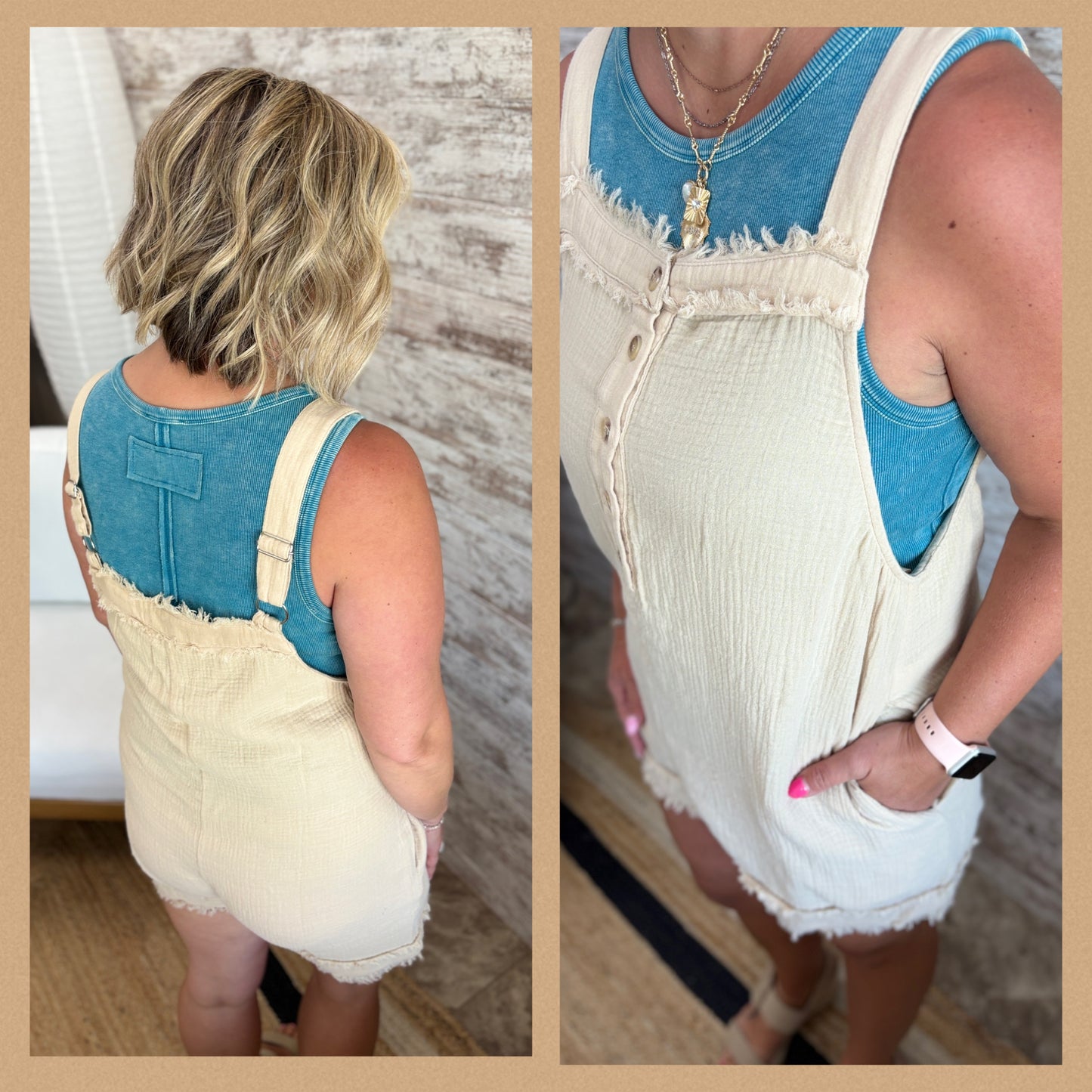 Sand Cotton Gauze Front Button Closure Romper