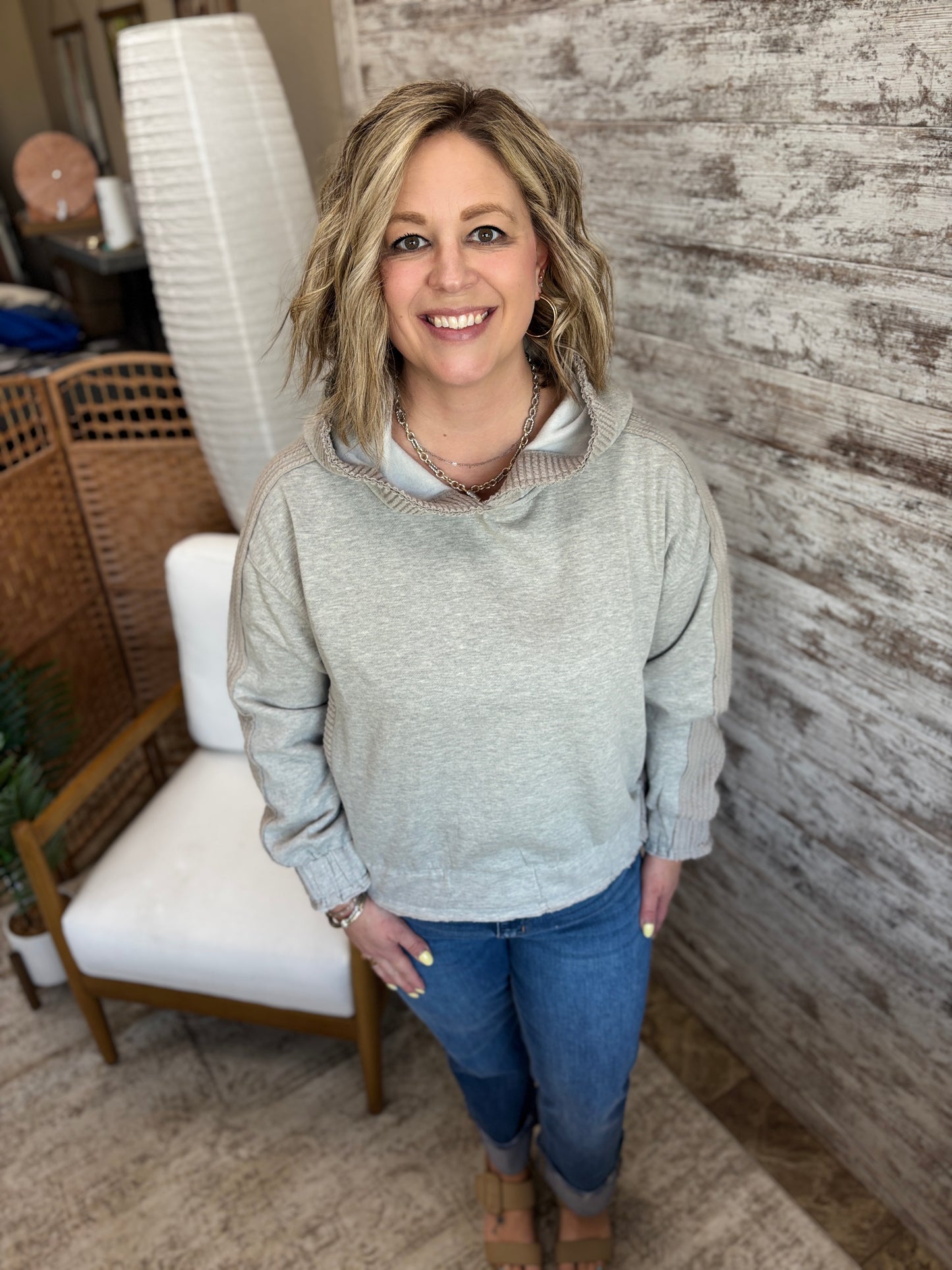 Heather Grey Textured Hoodie with Elastic Band Hem