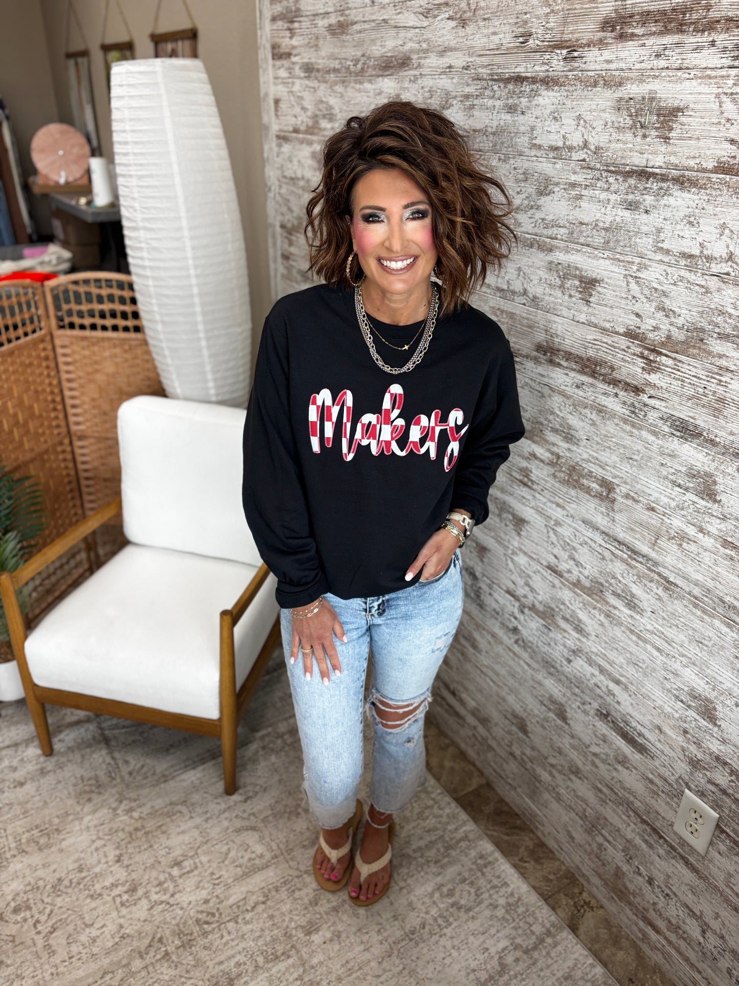 Makers Gameday Red Stitched Checkerboard Crewneck