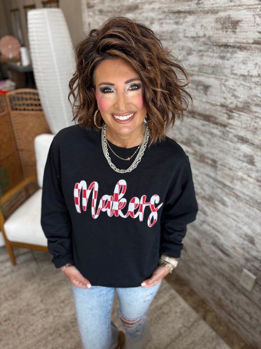 Makers Gameday Red Stitched Checkerboard Crewneck