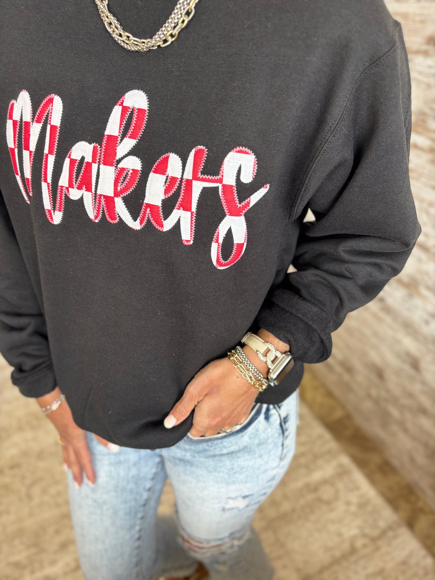 Makers Gameday Red Stitched Checkerboard Crewneck