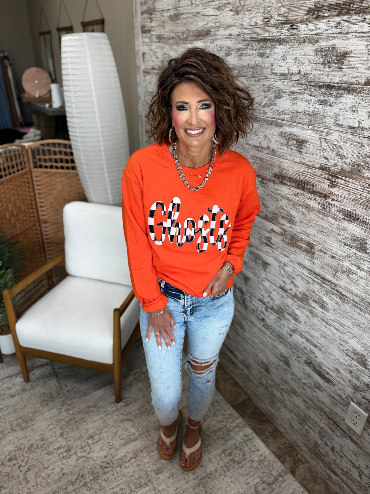 Ghosts Gameday Black Stitched Checkerboard Crewneck