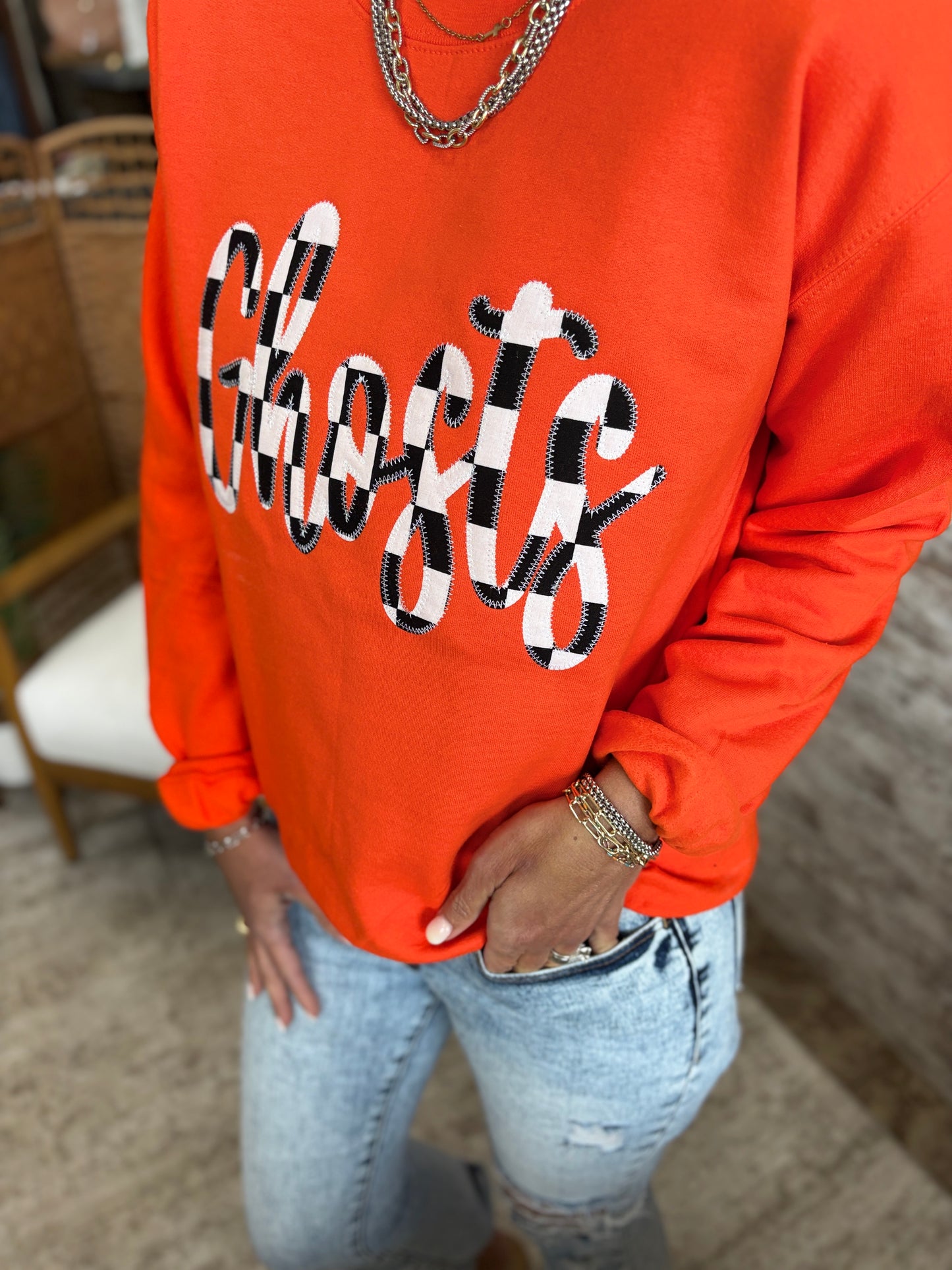Ghosts Gameday Black Stitched Checkerboard Crewneck