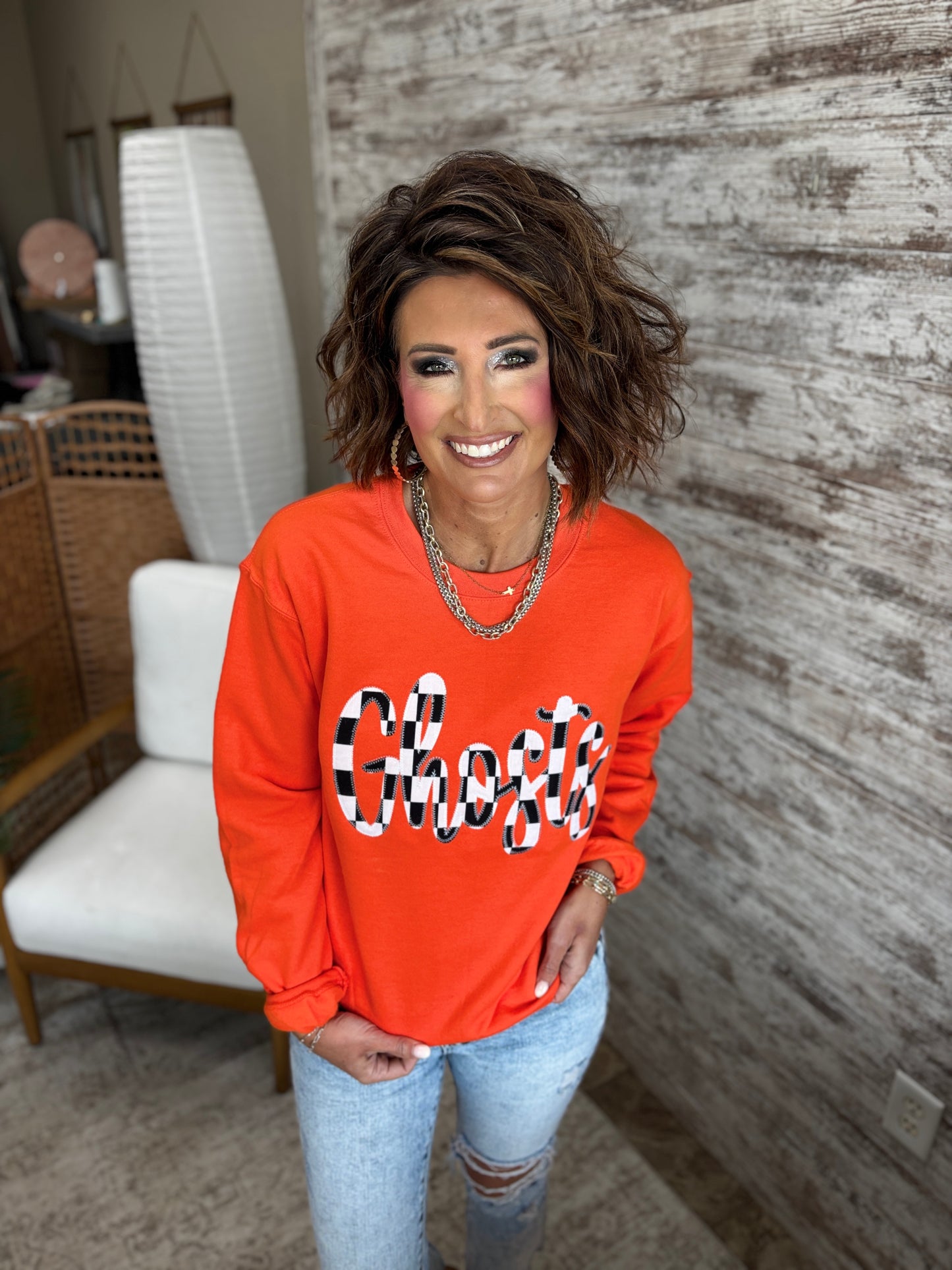 Ghosts Gameday Black Stitched Checkerboard Crewneck