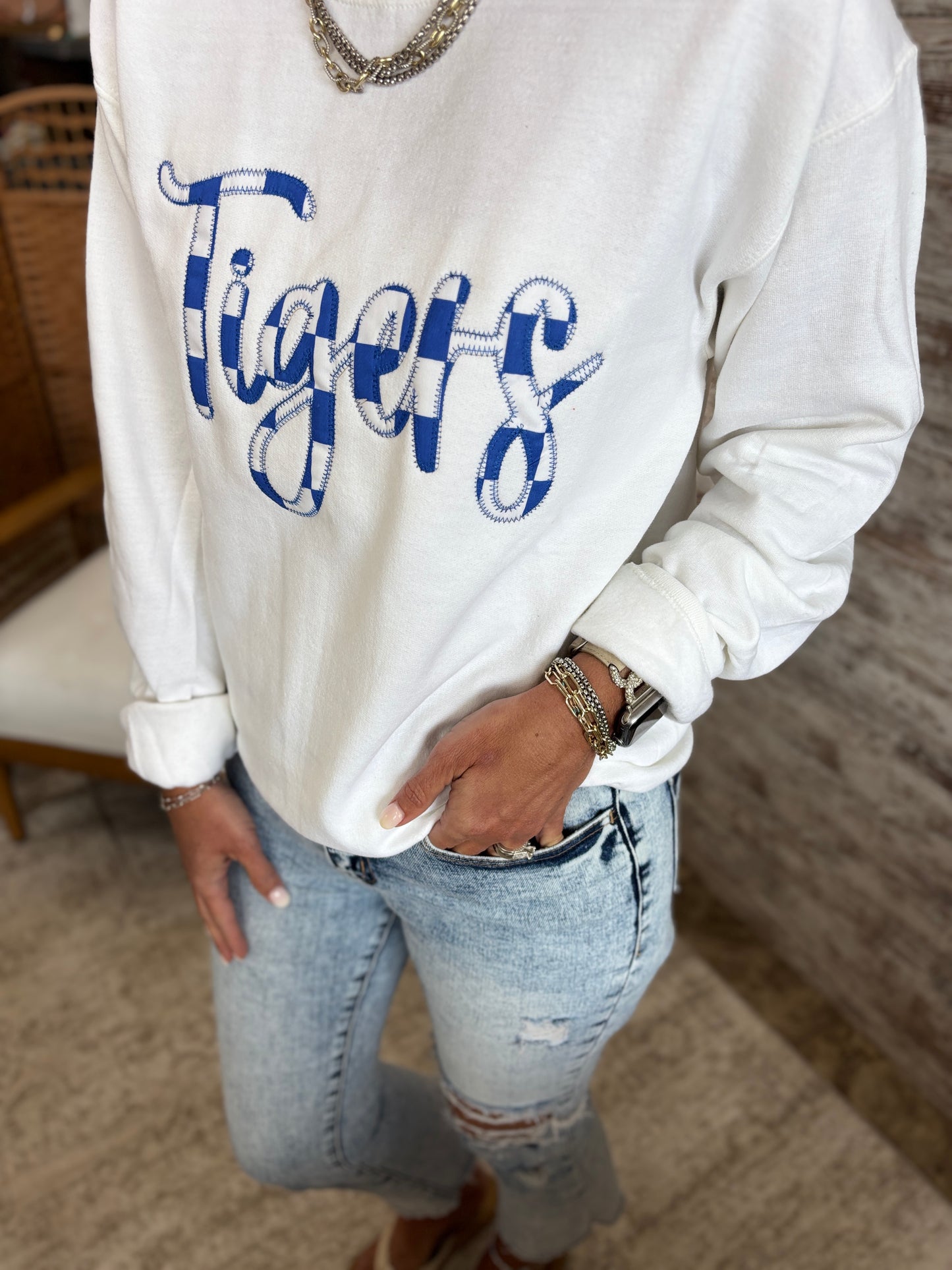 Tigers Gameday Royal Stitched Checkerboard Crewneck