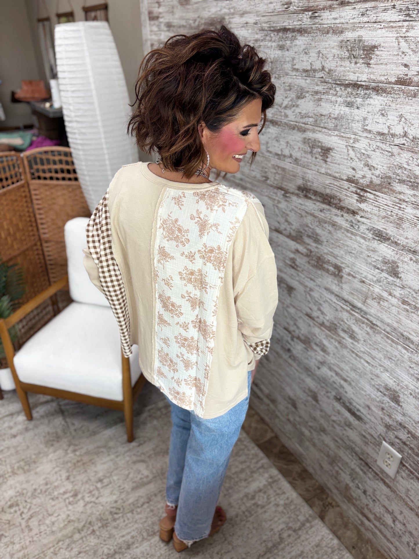 Natural Floral and Checker Mix Long Sleeve