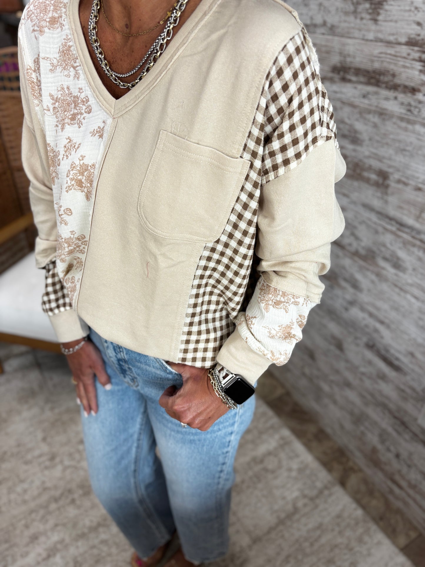 Natural Floral and Checker Mix Long Sleeve