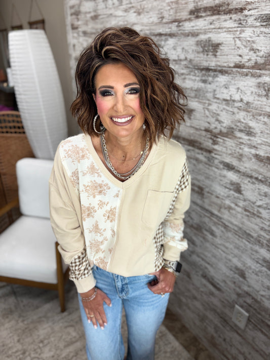 Natural Floral and Checker Mix Long Sleeve