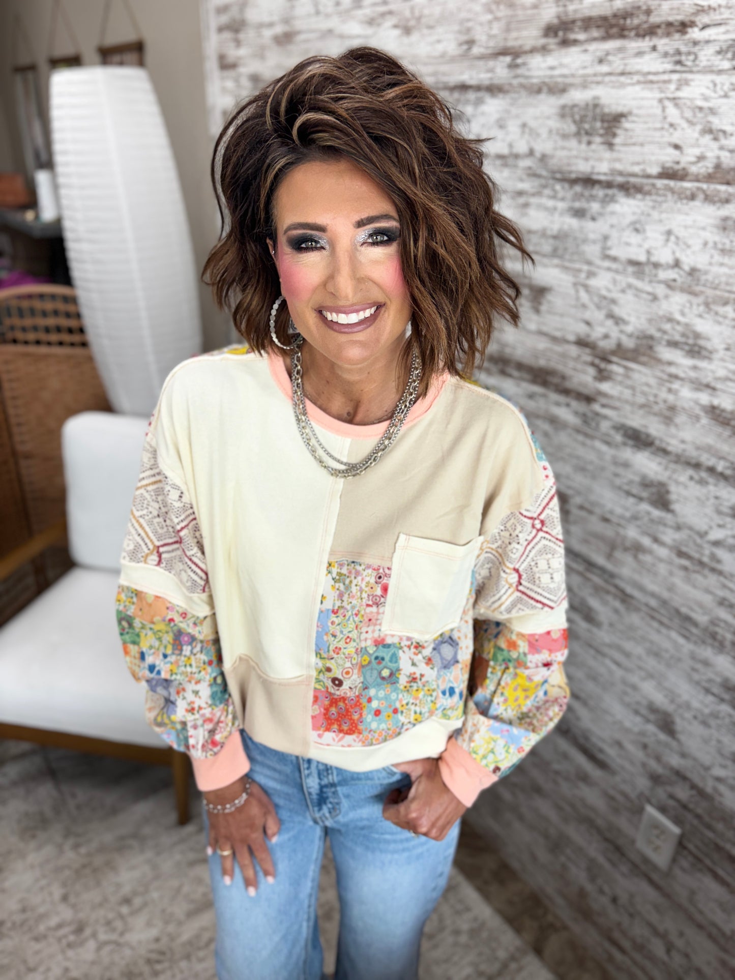 Natural Floral Patchwork Terry Top