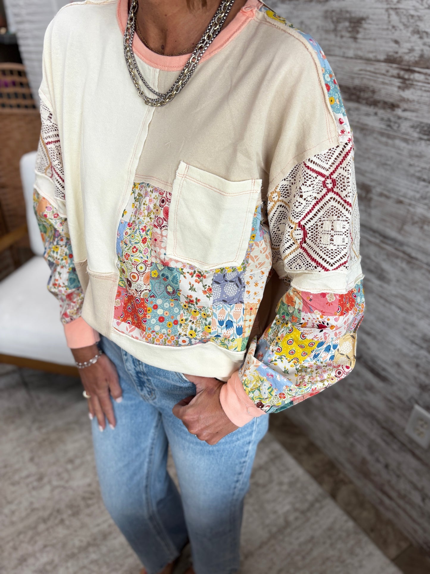 Natural Floral Patchwork Terry Top