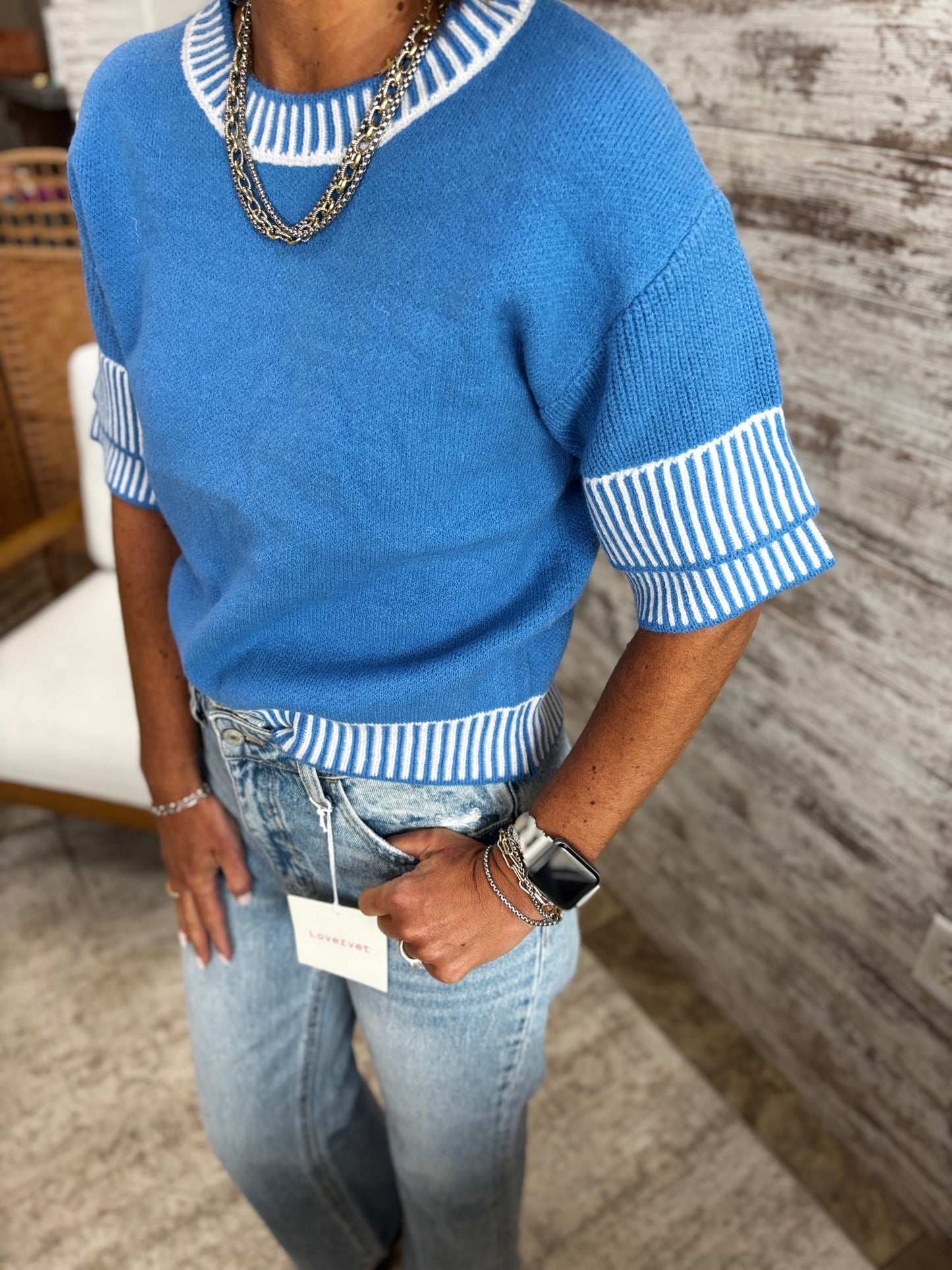 Blue Double Sleeve Knit Top