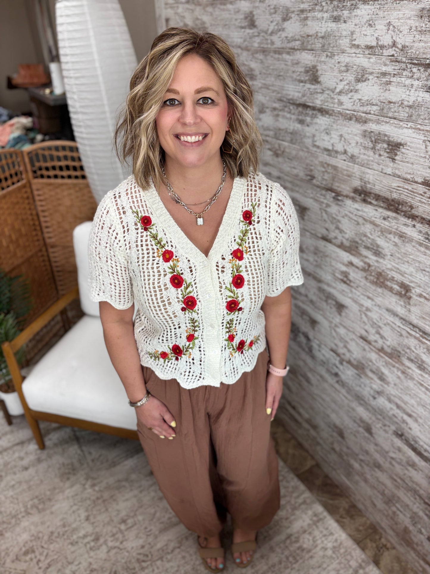 Floral Embroider Button Down Open Knit Cardigan