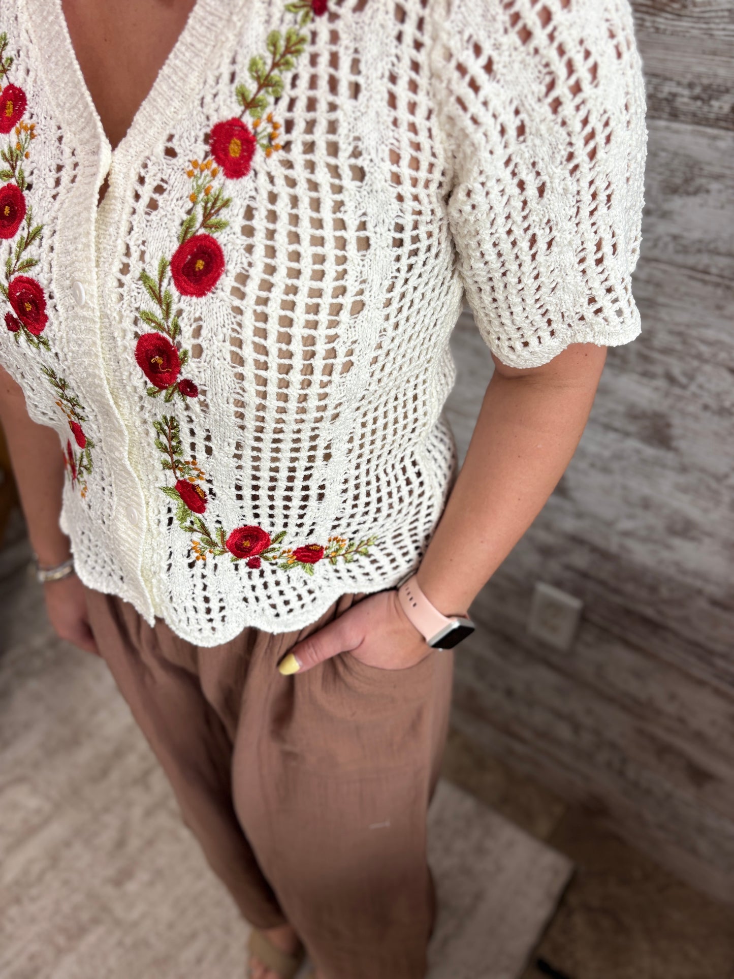 Floral Embroider Button Down Open Knit Cardigan