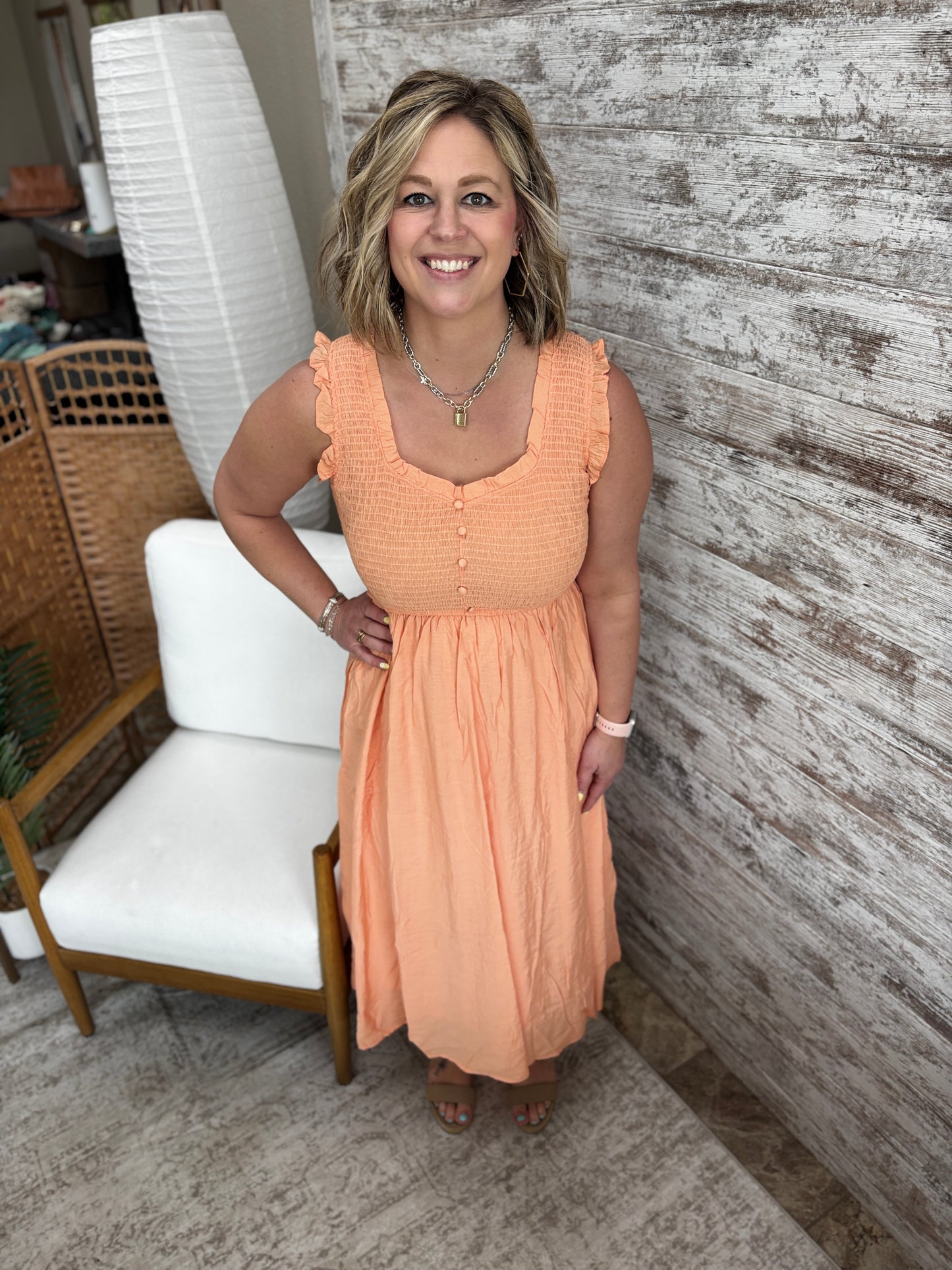 Peach Smocked Midi Dress